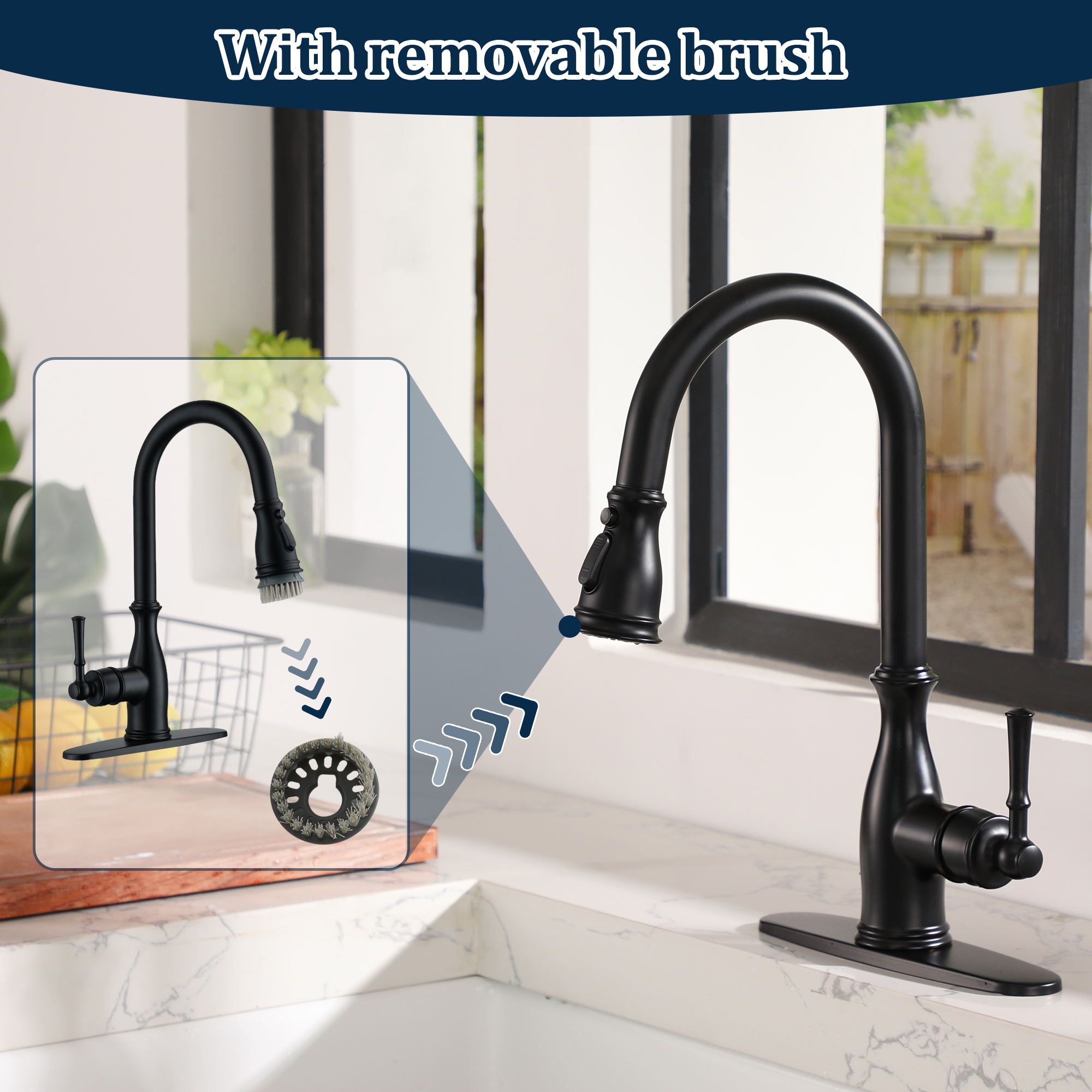 3-Spray Patterns 1.8 GPM Single Handle Brushed Nickel Pull-Out Kitchen Faucet With Brush