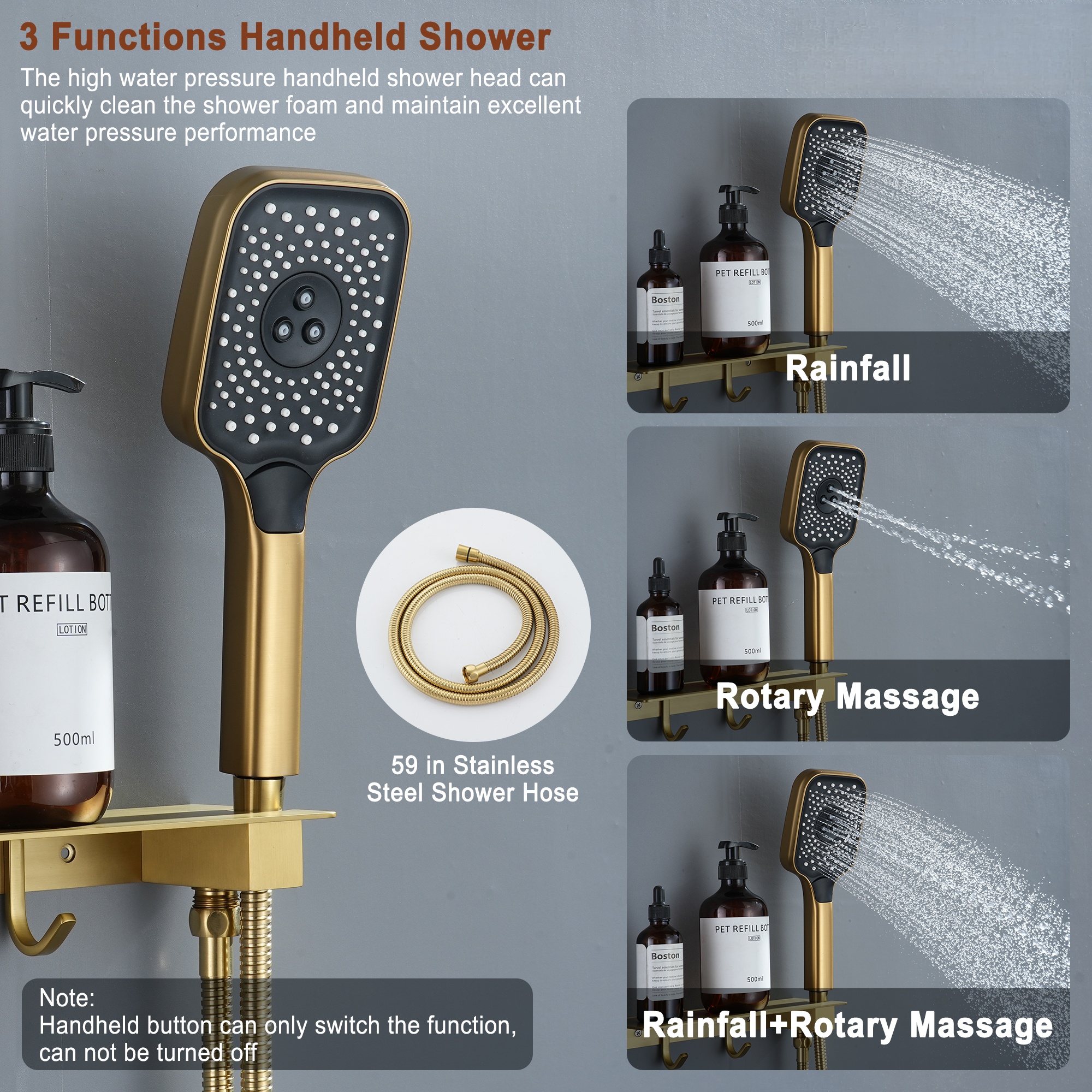 12in Thermostatic Ceiling Mount 3 Functions Shower System with Body Jets and Storage Shelf