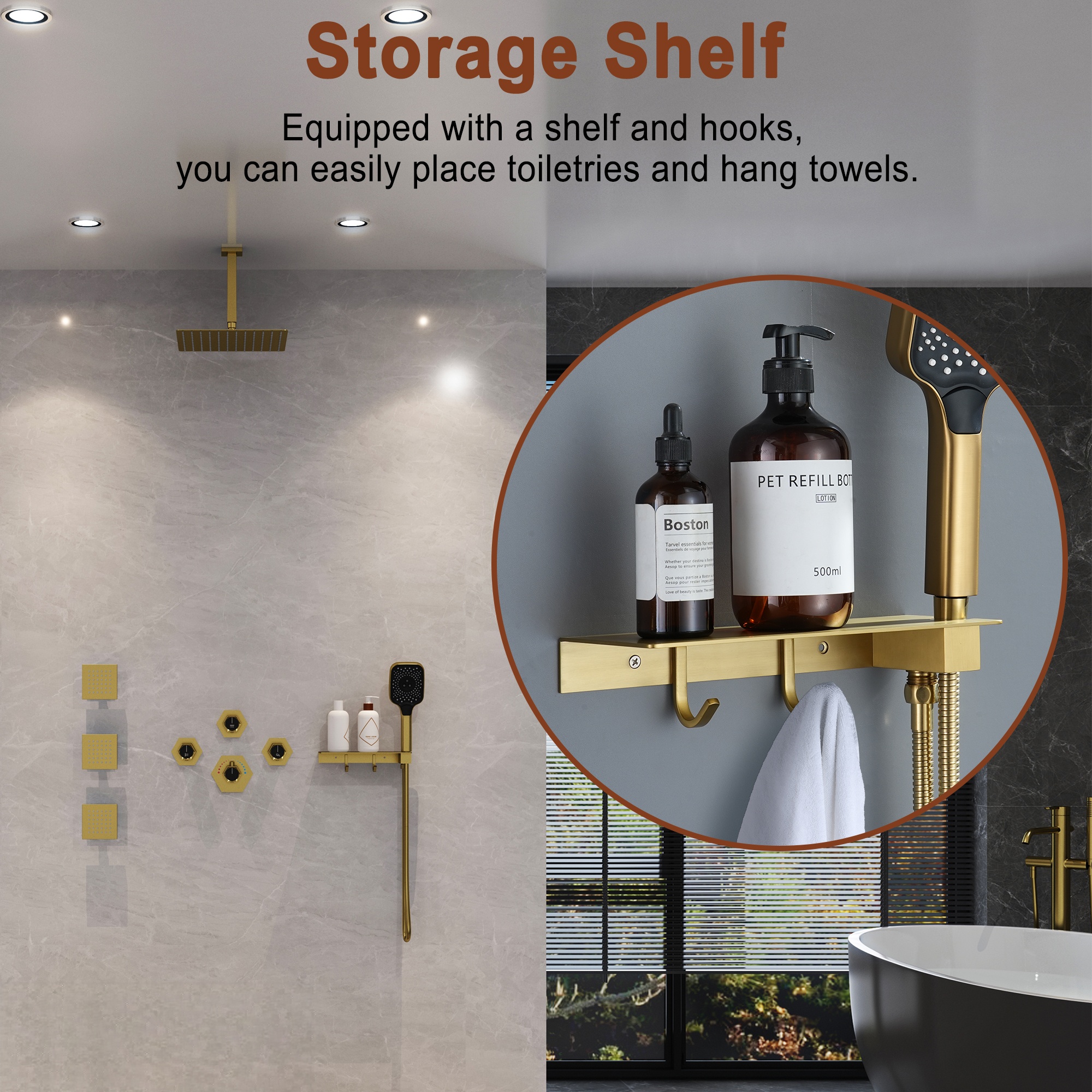 12in Thermostatic Ceiling Mount 3 Functions Shower System with Body Jets and Storage Shelf