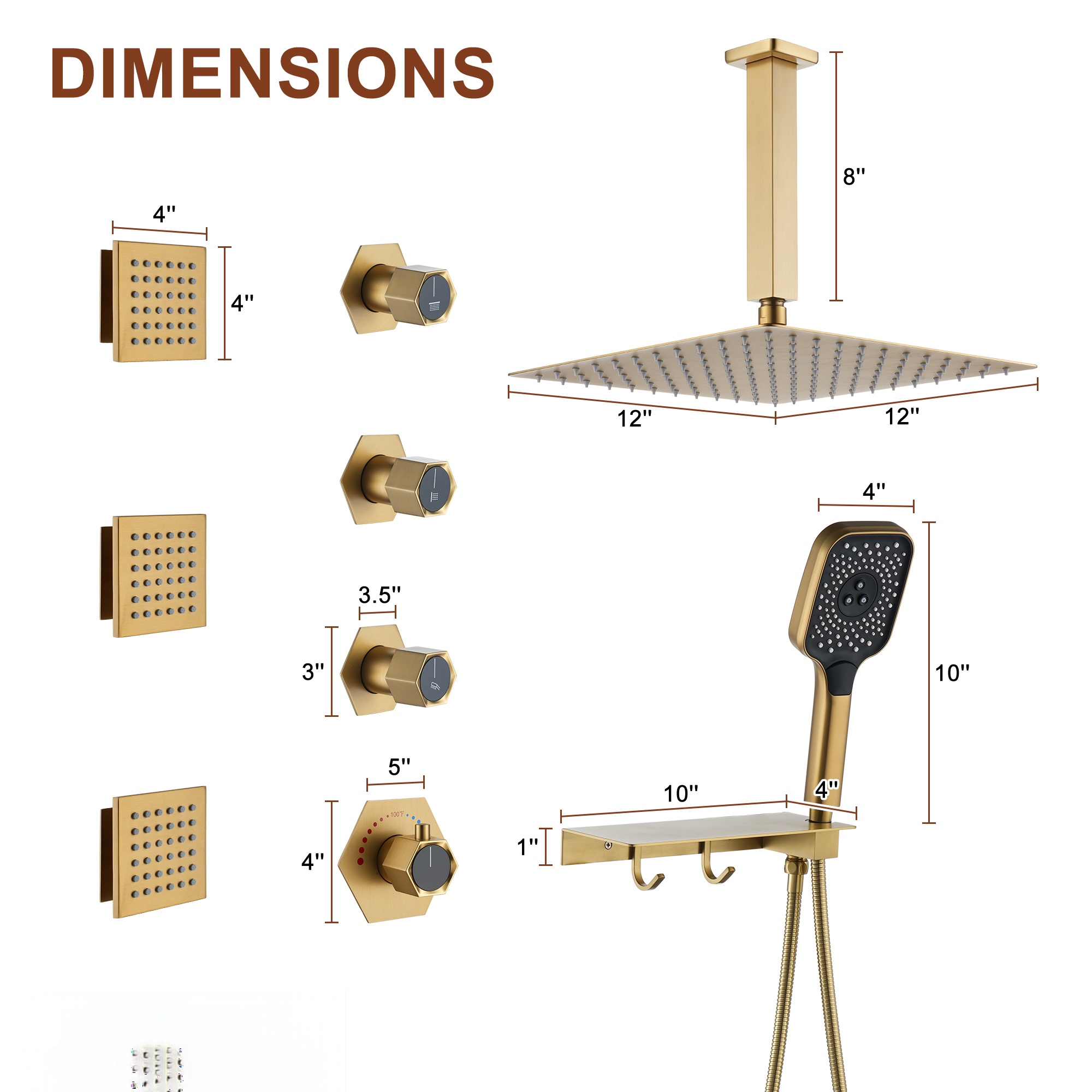 12in Thermostatic Ceiling Mount 3 Functions Shower System with Body Jets and Storage Shelf
