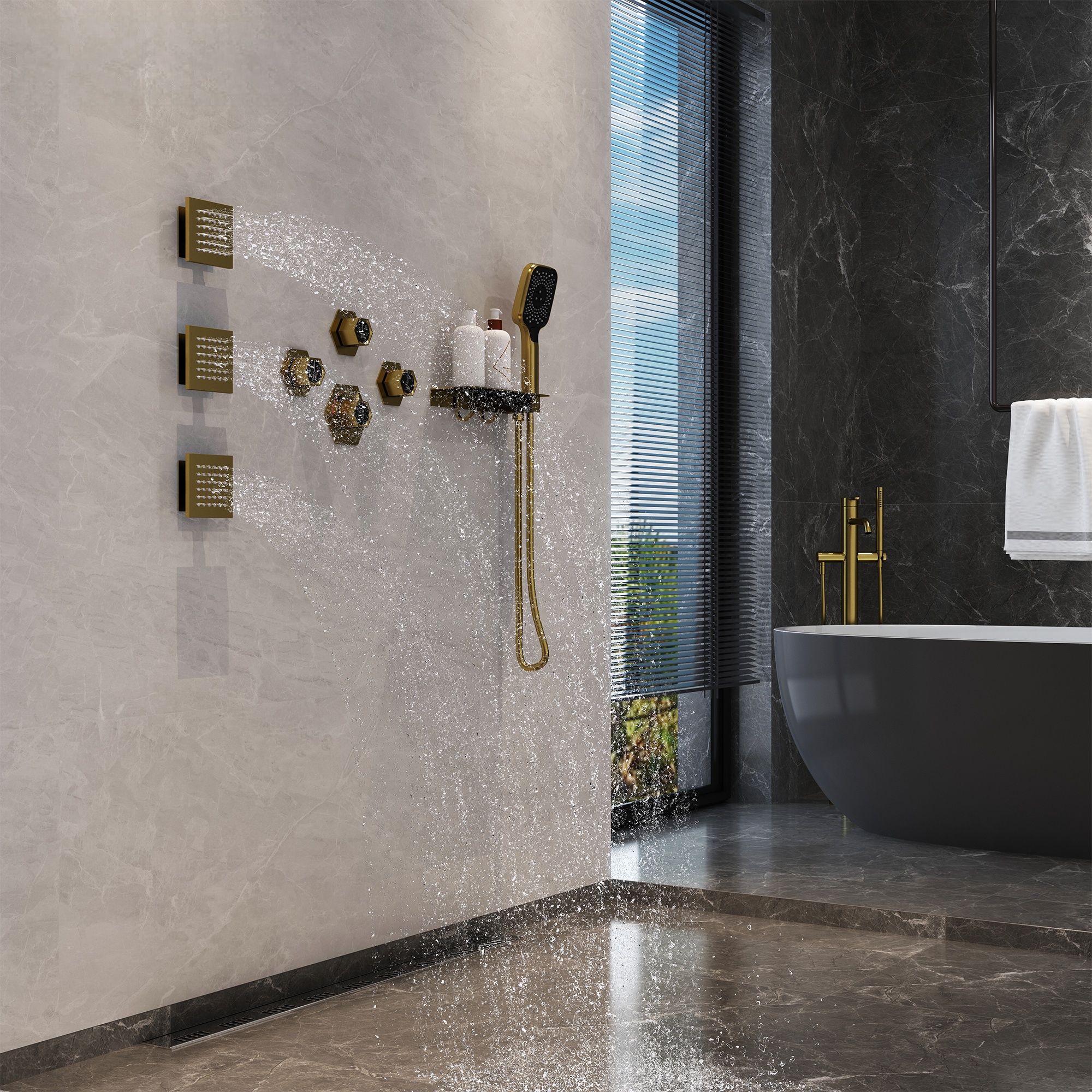 12in Thermostatic Ceiling Mount 3 Functions Shower System with Body Jets and Storage Shelf