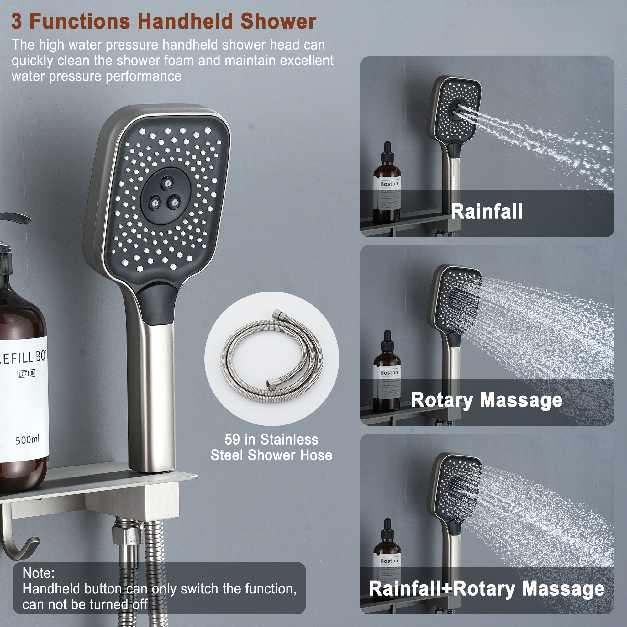 12in Thermostatic Ceiling Mount 3 Functions Shower System with Body Jets and Storage Shelf
