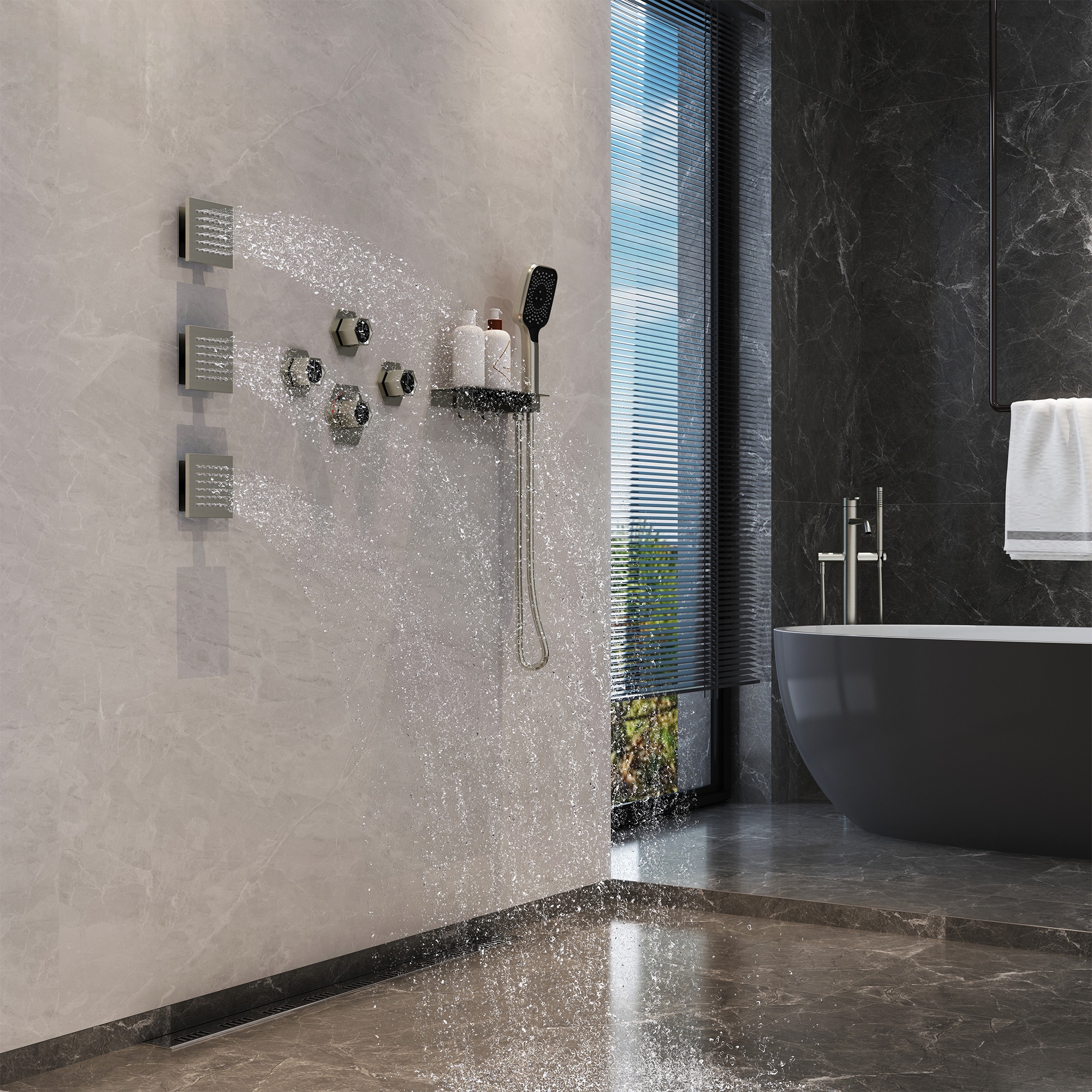 12in Thermostatic Ceiling Mount 3 Functions Shower System with Body Jets and Storage Shelf