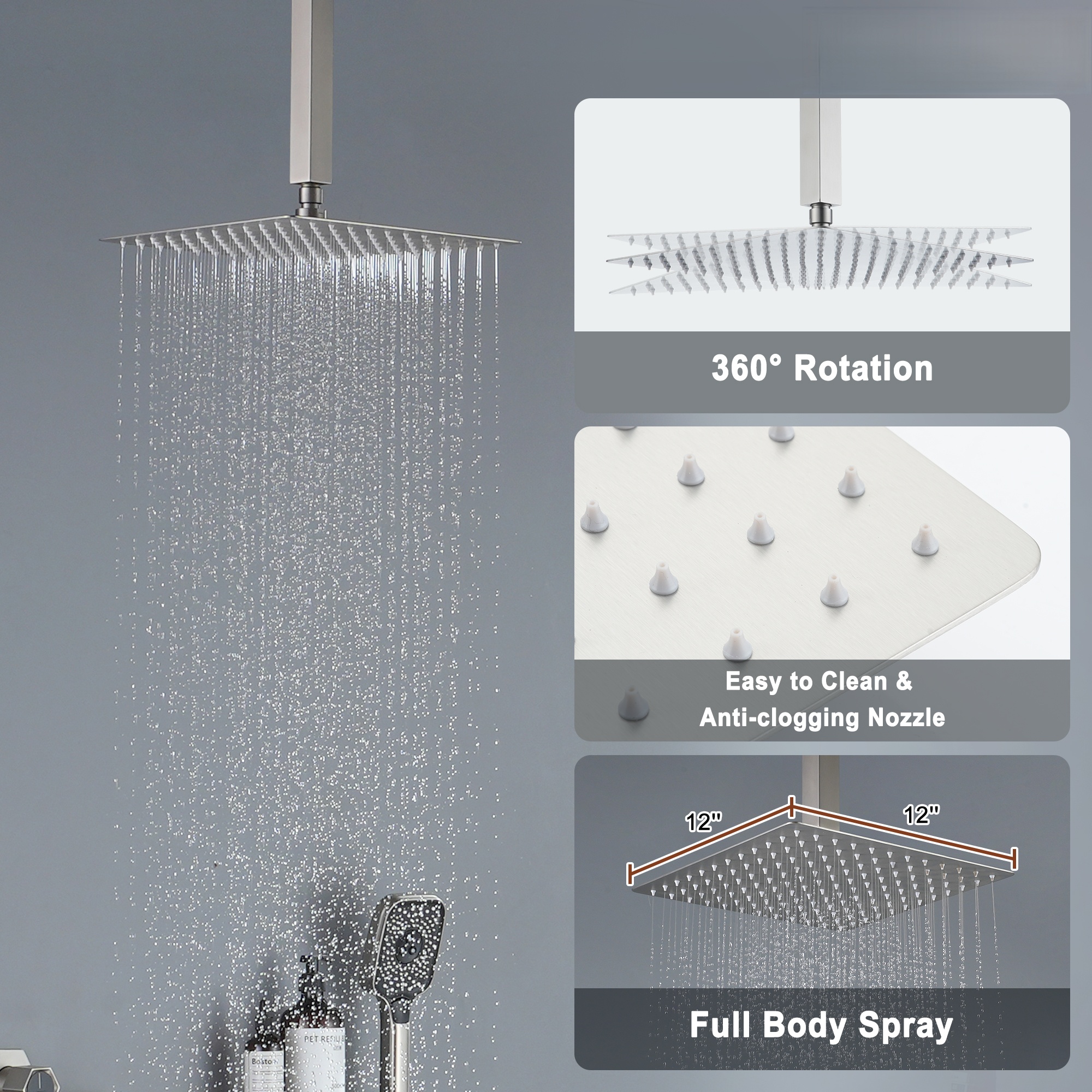 12in Thermostatic Ceiling Mount 3 Functions Shower System with Body Jets and Storage Shelf