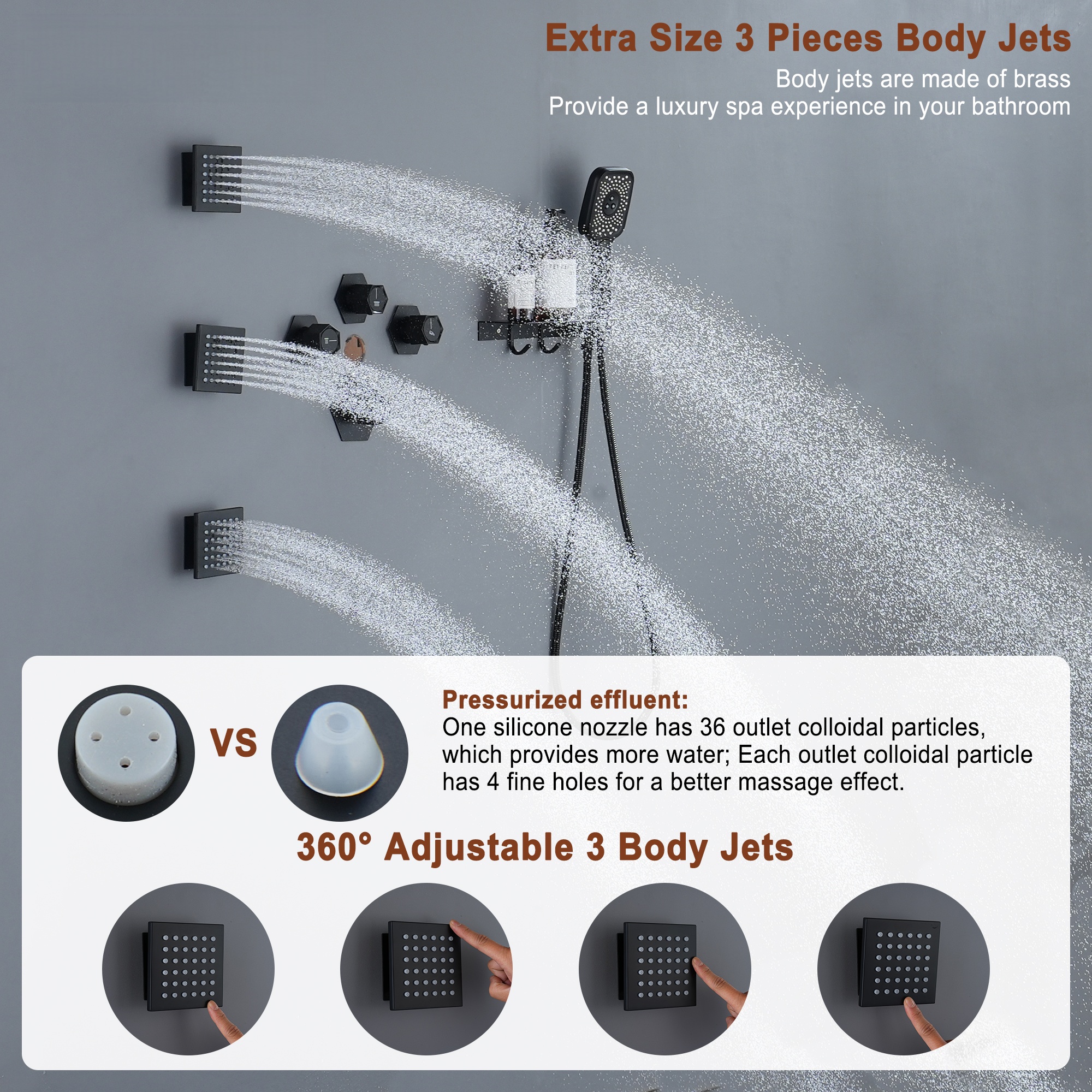 12in Thermostatic Ceiling Mount 3 Functions Shower System with Body Jets and Storage Shelf