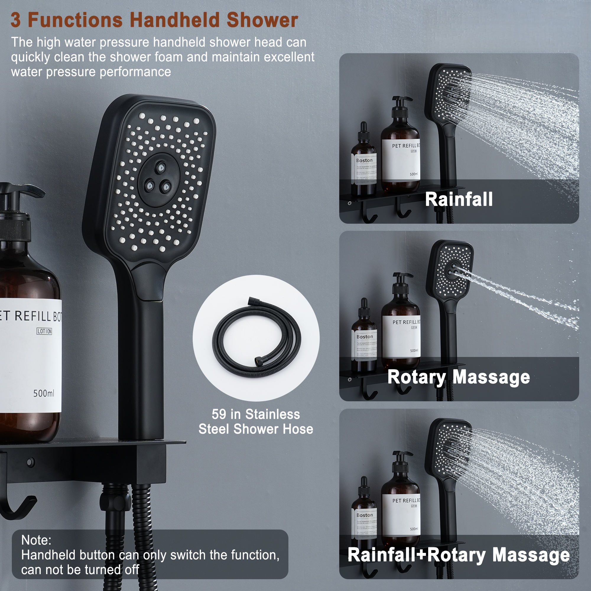 12in Thermostatic Ceiling Mount 3 Functions Shower System with Body Jets and Storage Shelf