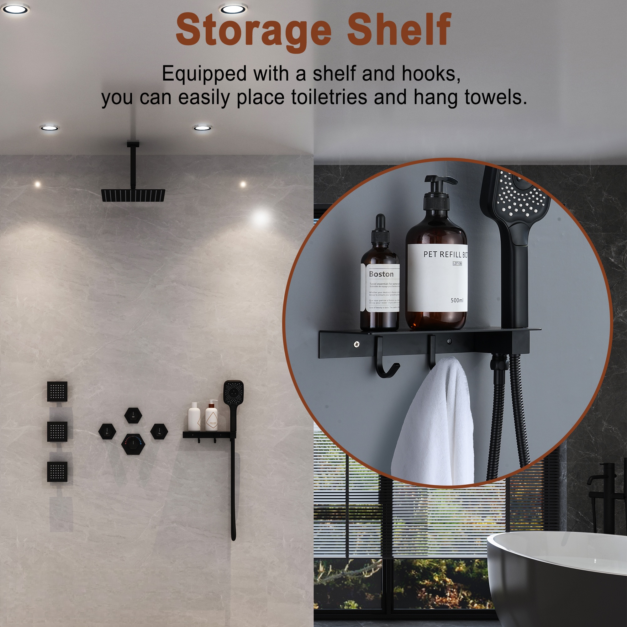 12in Thermostatic Ceiling Mount 3 Functions Shower System with Body Jets and Storage Shelf