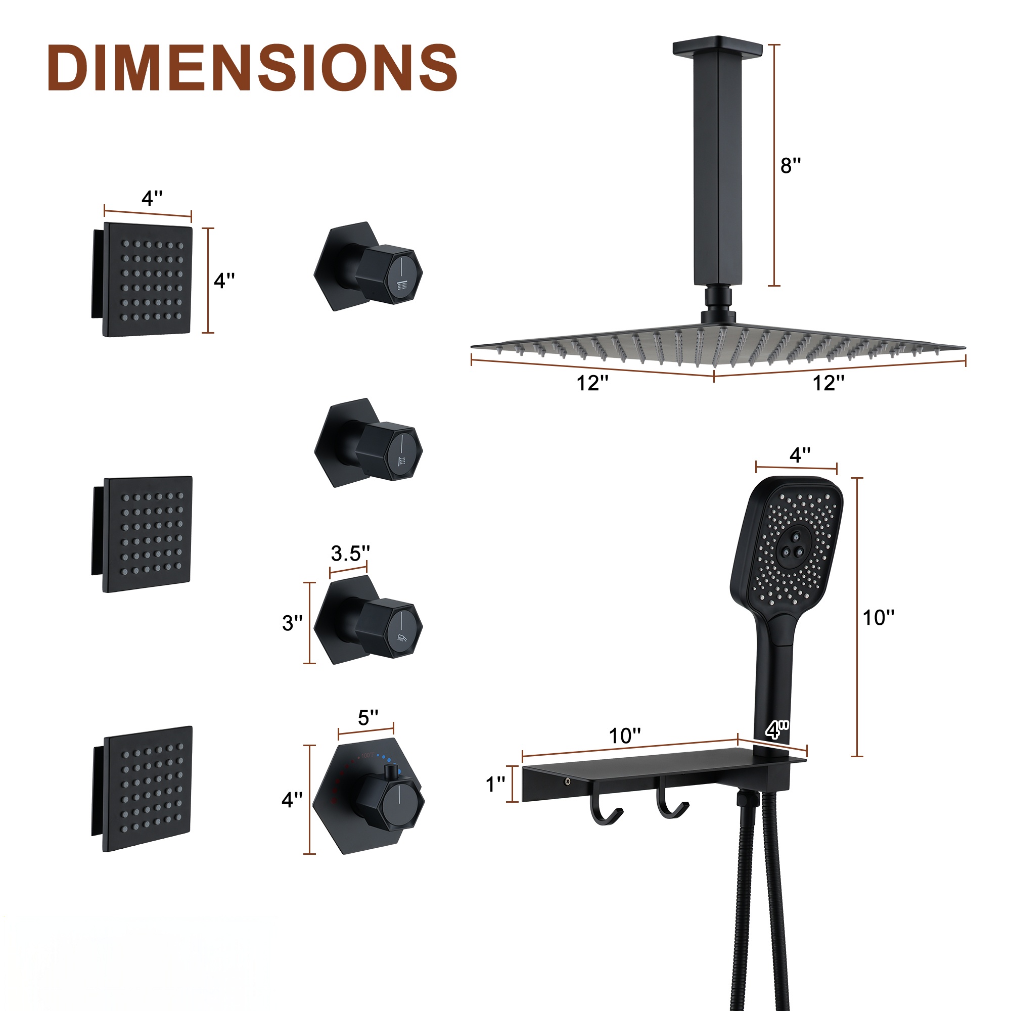 12in Thermostatic Ceiling Mount 3 Functions Shower System with Body Jets and Storage Shelf