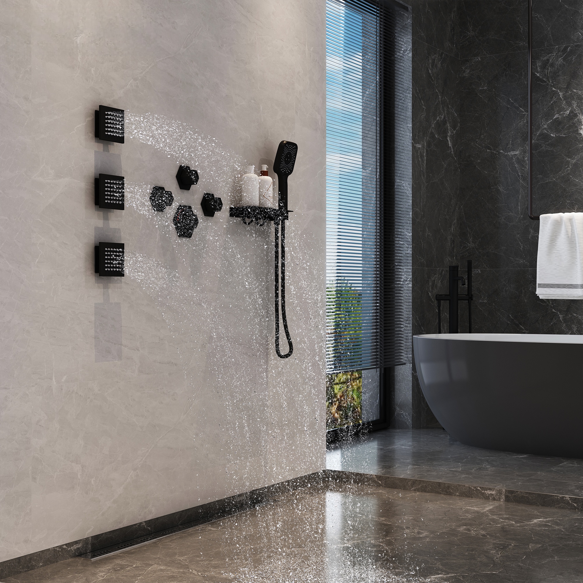 12in Thermostatic Ceiling Mount 3 Functions Shower System with Body Jets and Storage Shelf