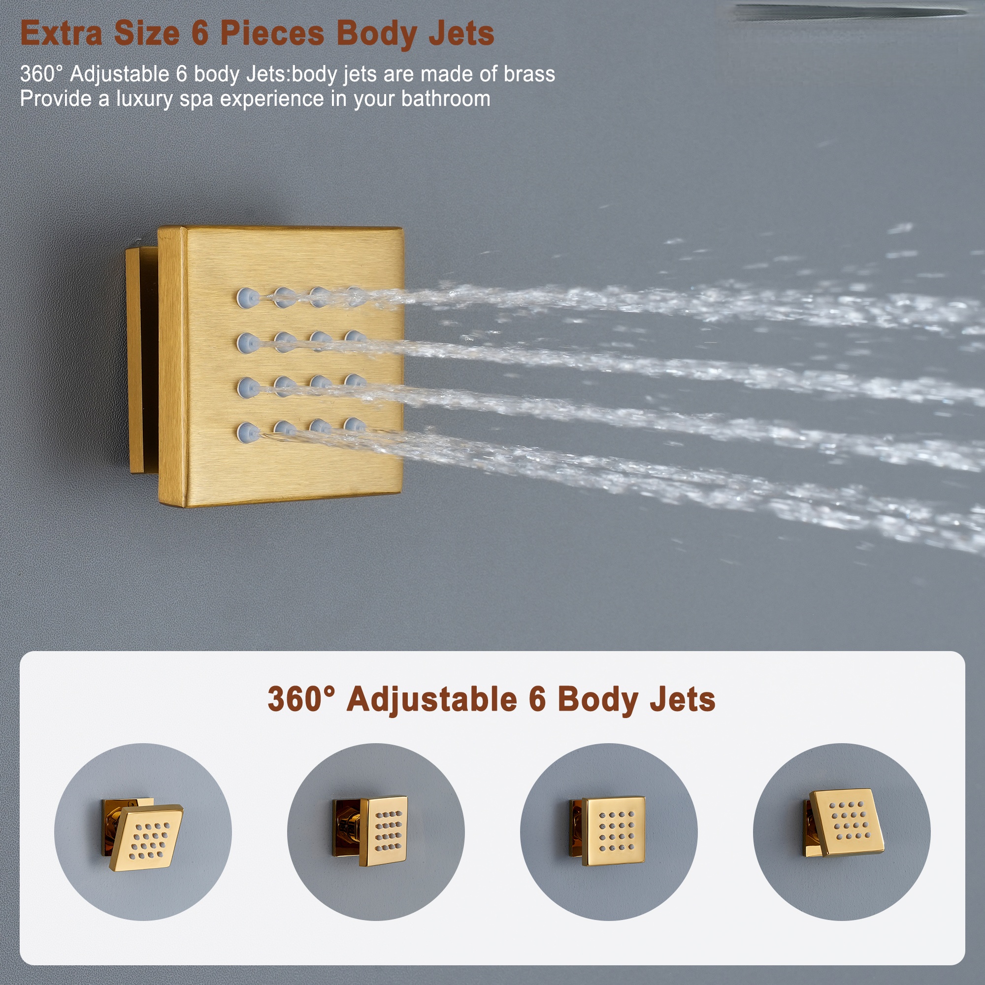 22in 4 Functions Thermostatic Rainfall Shower System with 6 Rotating Body Jets