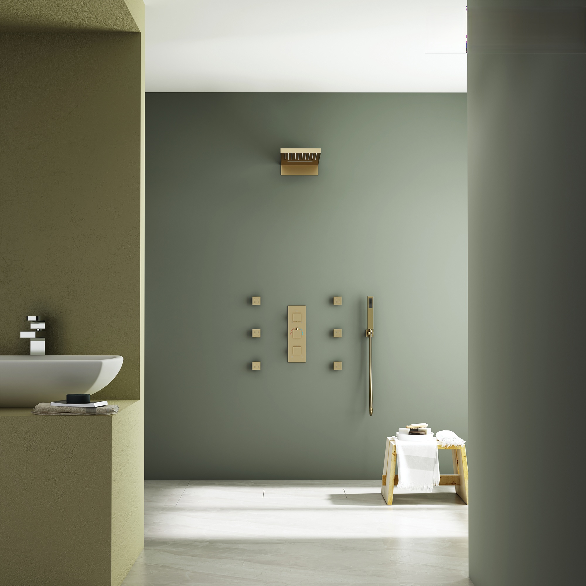 22in 4 Functions Thermostatic Rainfall Shower System with 6 Rotating Body Jets