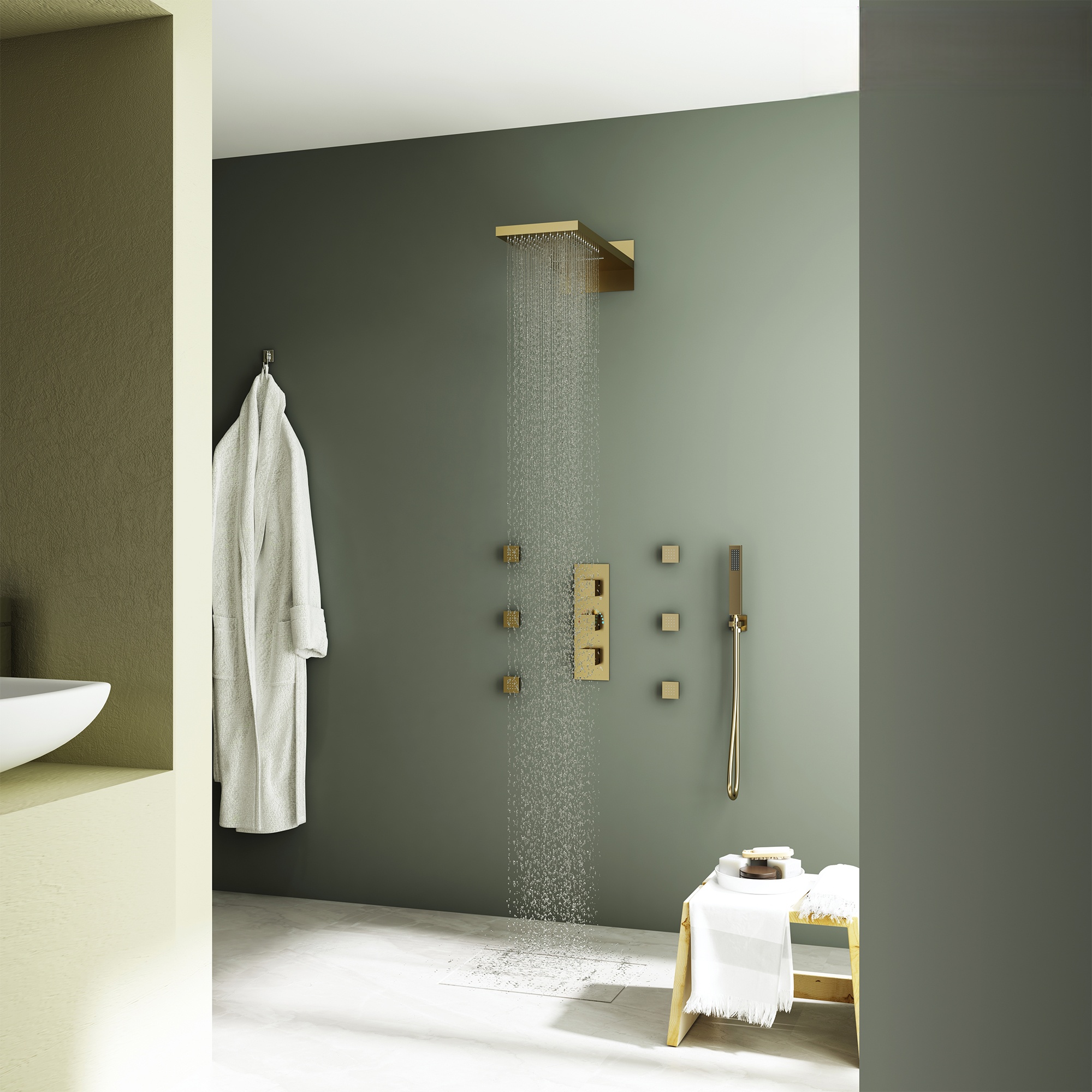 22in 4 Functions Thermostatic Rainfall Shower System with 6 Rotating Body Jets