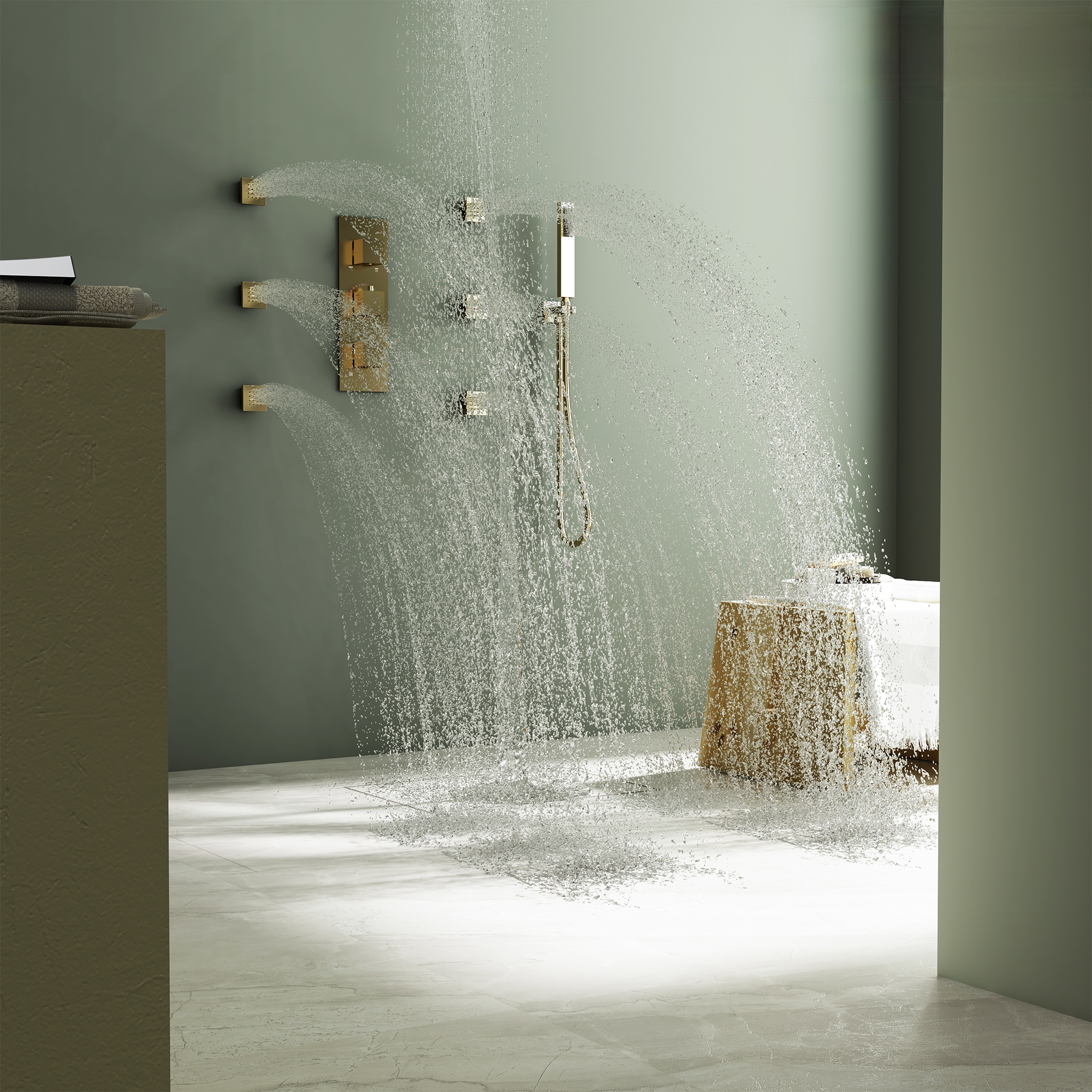 22in 4 Functions Thermostatic Rainfall Shower System with 6 Rotating Body Jets