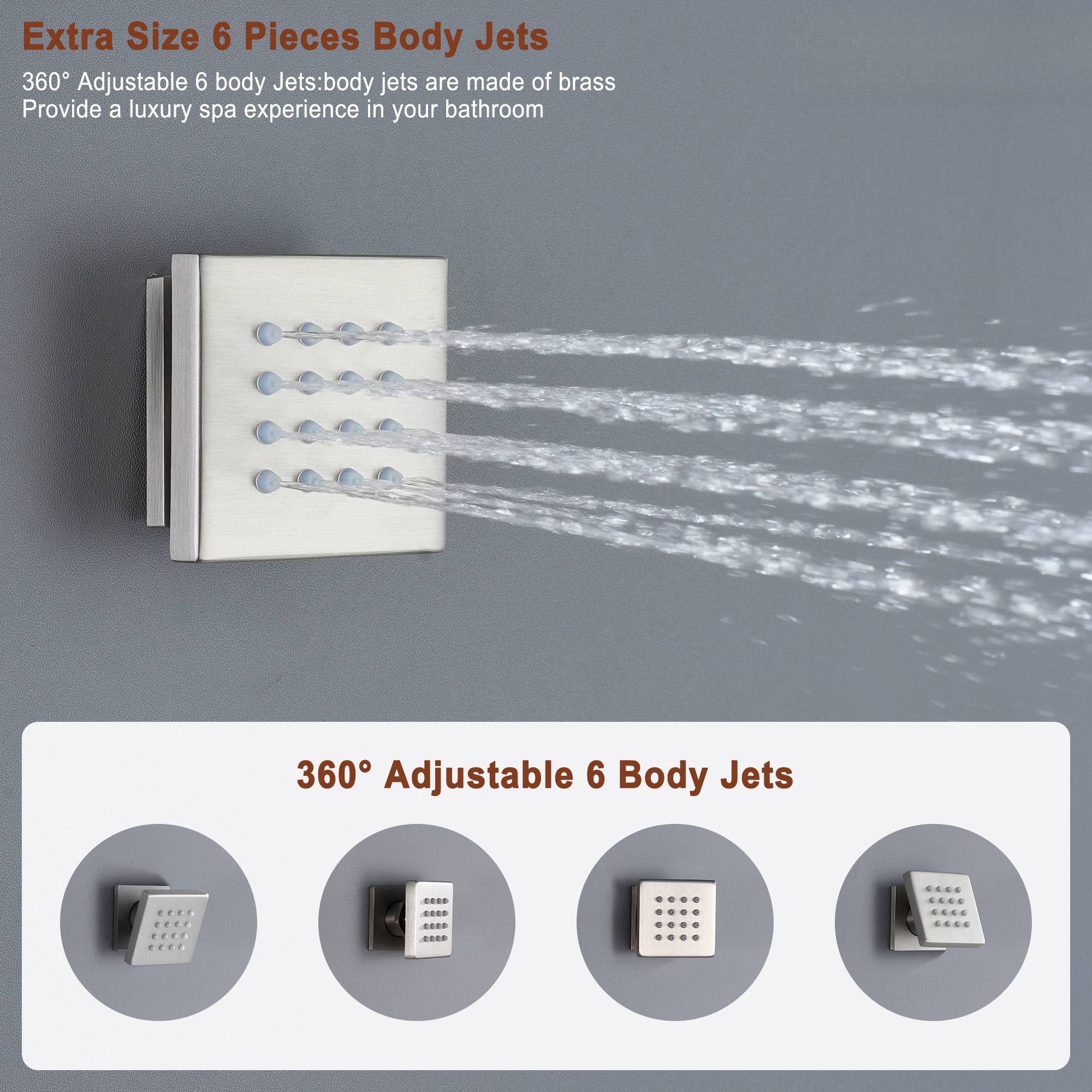 22in 4 Functions Thermostatic Rainfall Shower System with 6 Rotating Body Jets