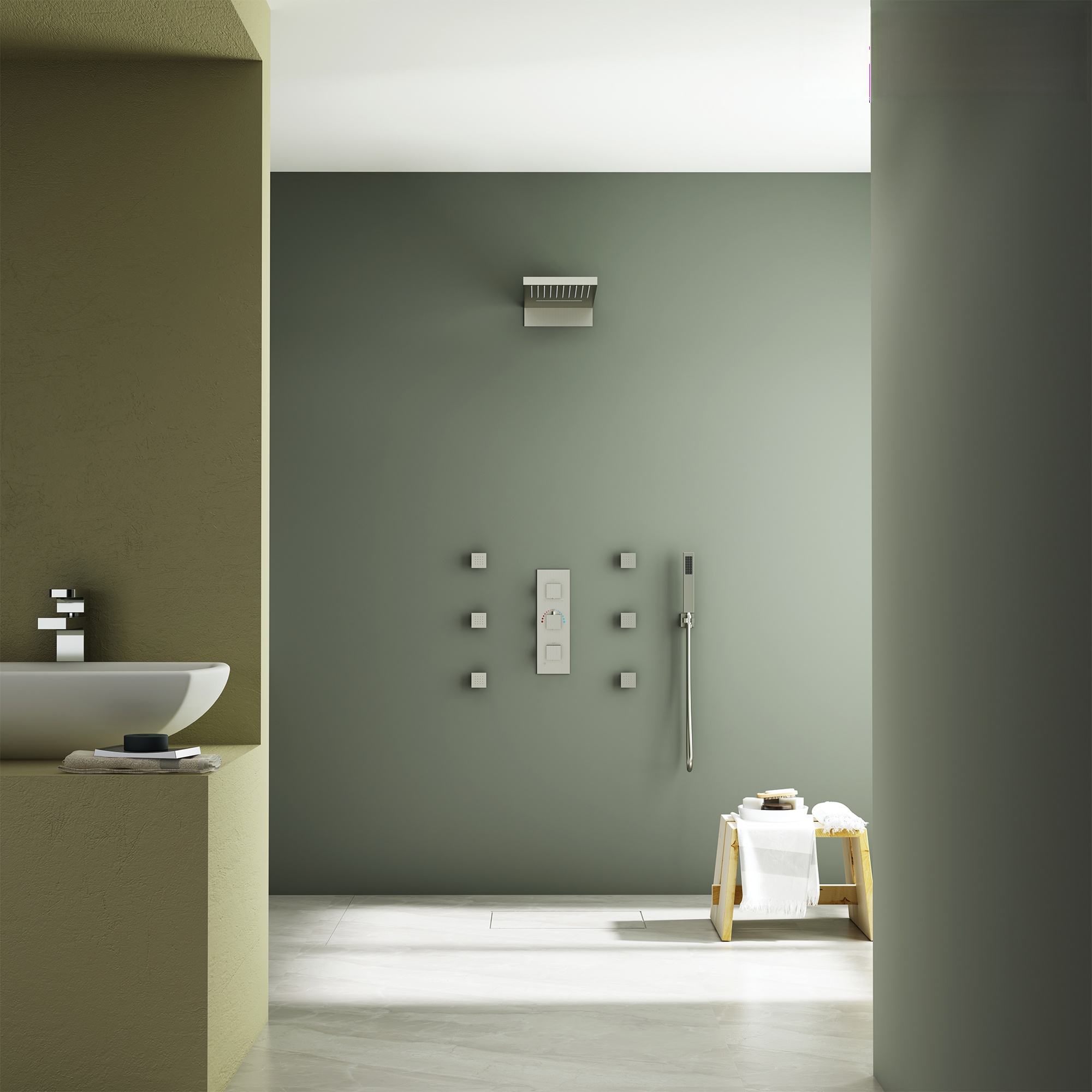 22in 4 Functions Thermostatic Rainfall Shower System with 6 Rotating Body Jets