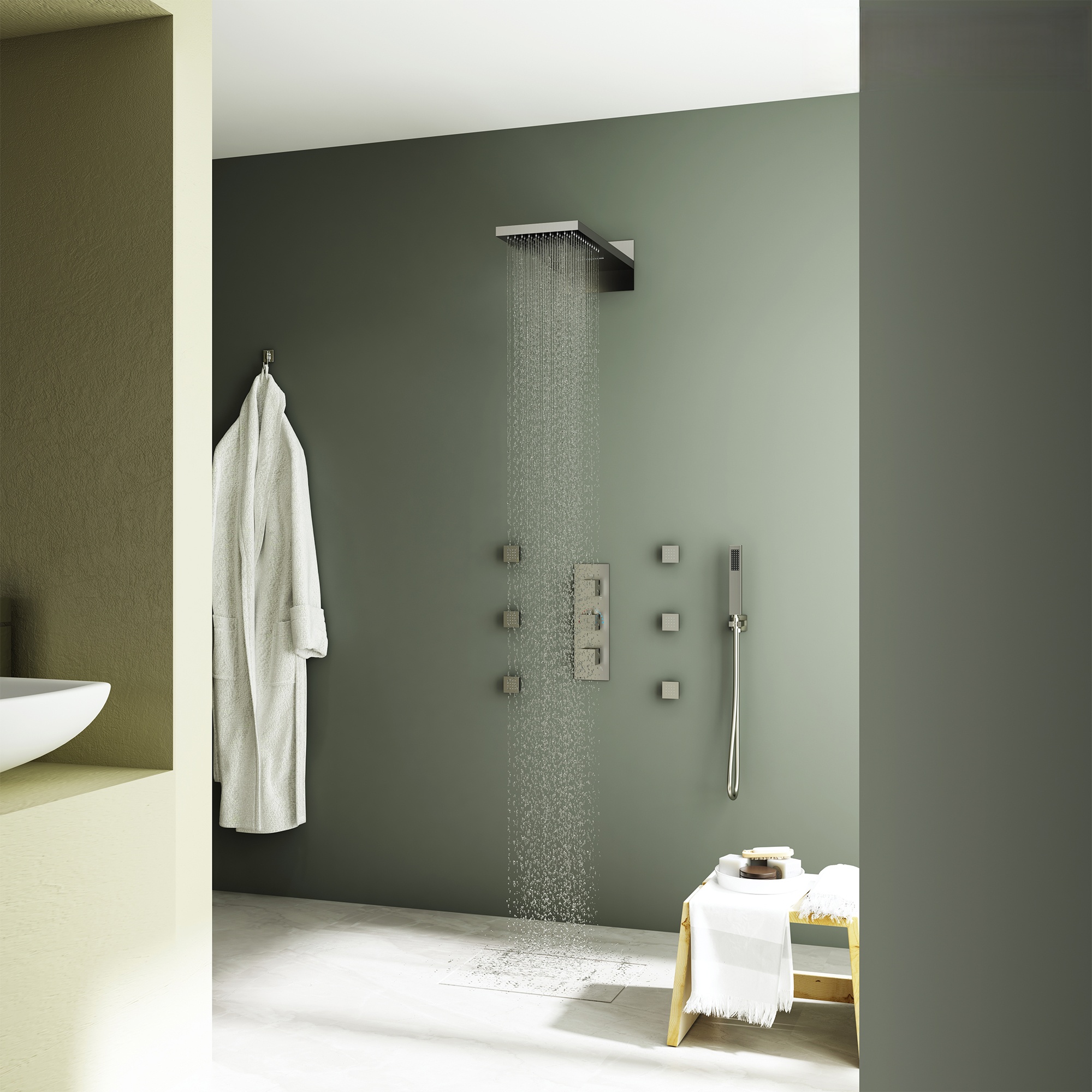 22in 4 Functions Thermostatic Rainfall Shower System with 6 Rotating Body Jets