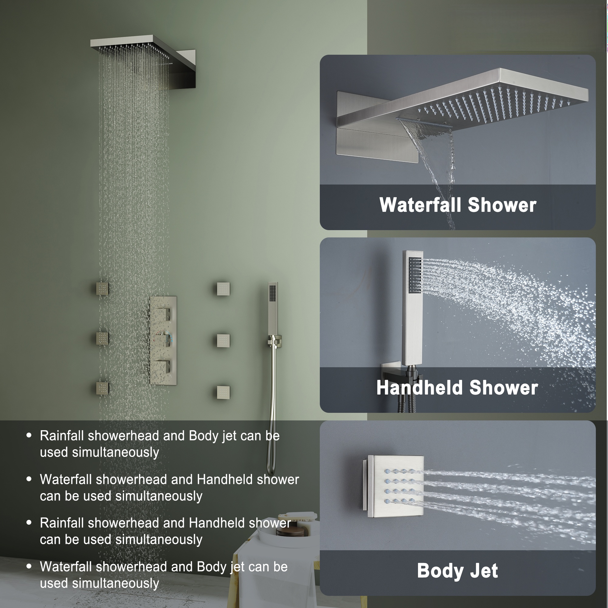 22in 4 Functions Thermostatic Rainfall Shower System with 6 Rotating Body Jets