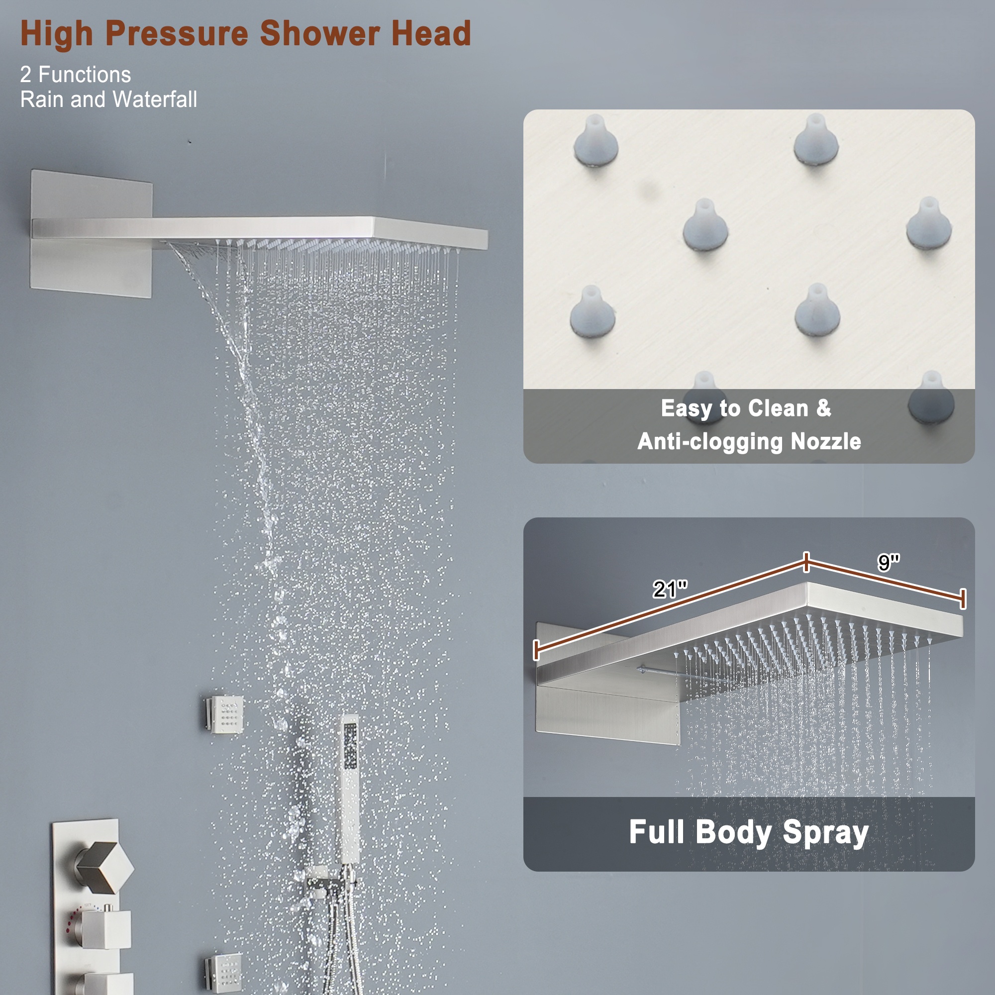 22in 4 Functions Thermostatic Rainfall Shower System with 6 Rotating Body Jets