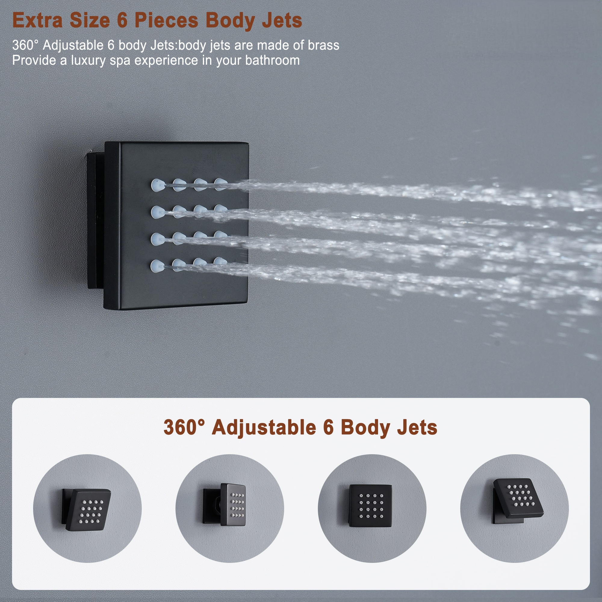 22in 4 Functions Thermostatic Rainfall Shower System with 6 Rotating Body Jets