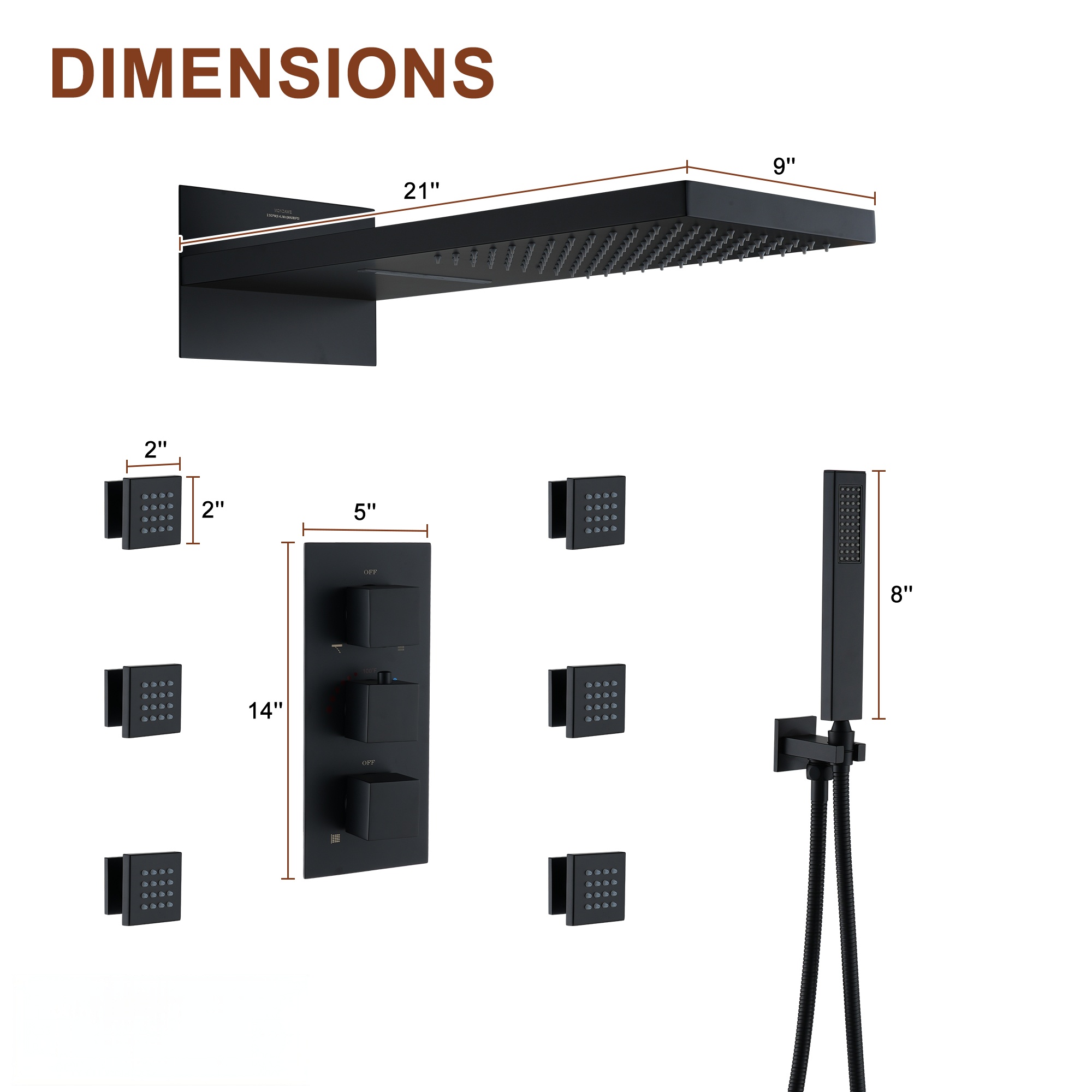 22in 4 Functions Thermostatic Rainfall Shower System with 6 Rotating Body Jets