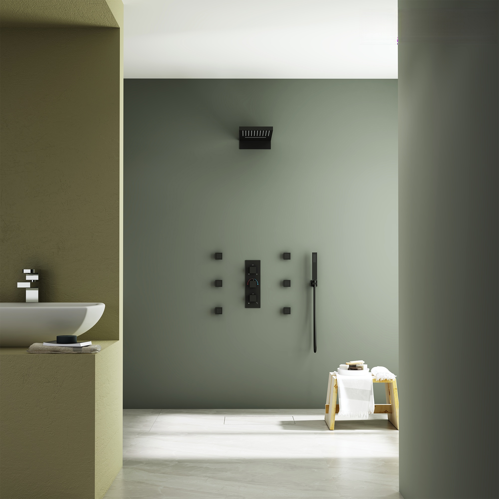 22in 4 Functions Thermostatic Rainfall Shower System with 6 Rotating Body Jets