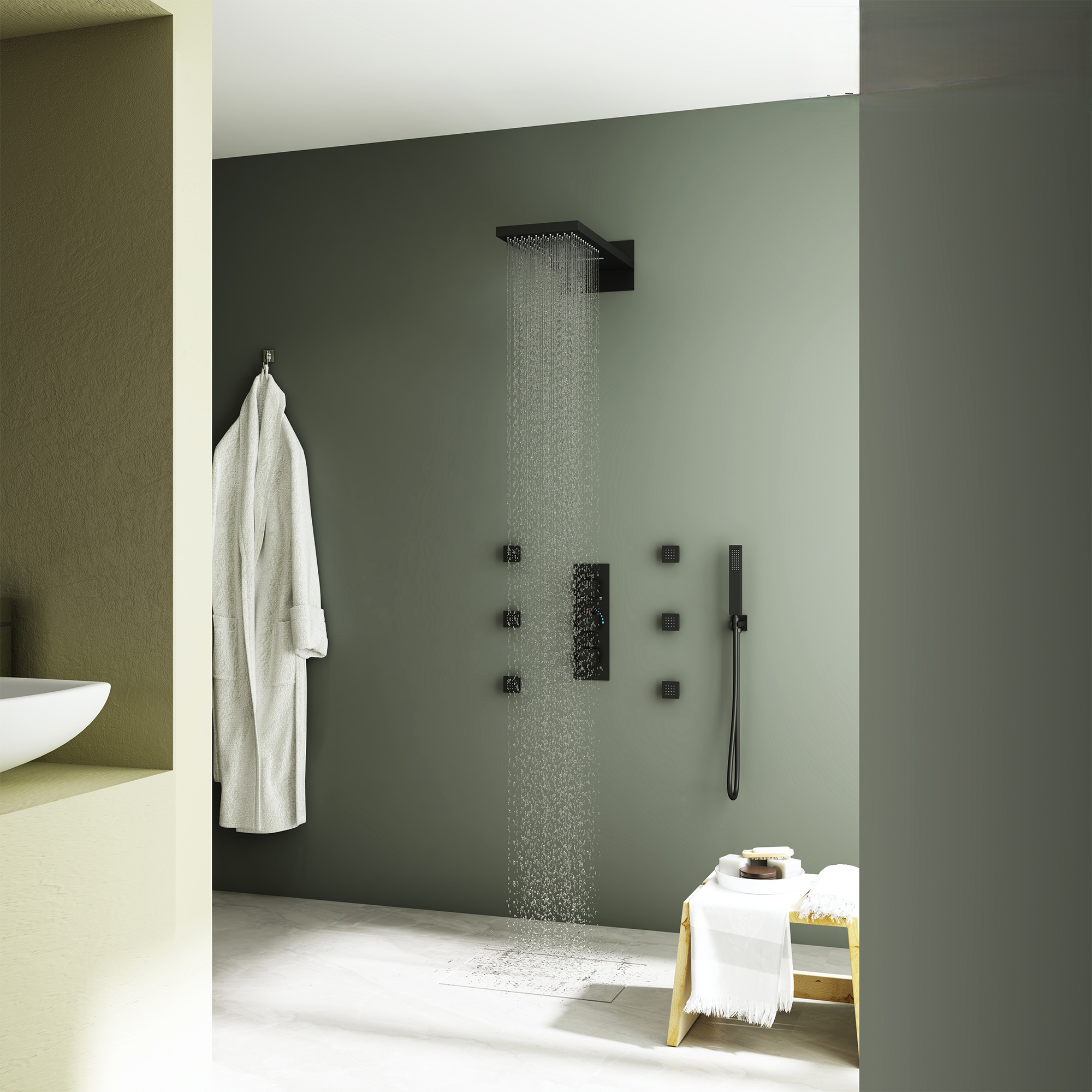 22in 4 Functions Thermostatic Rainfall Shower System with 6 Rotating Body Jets