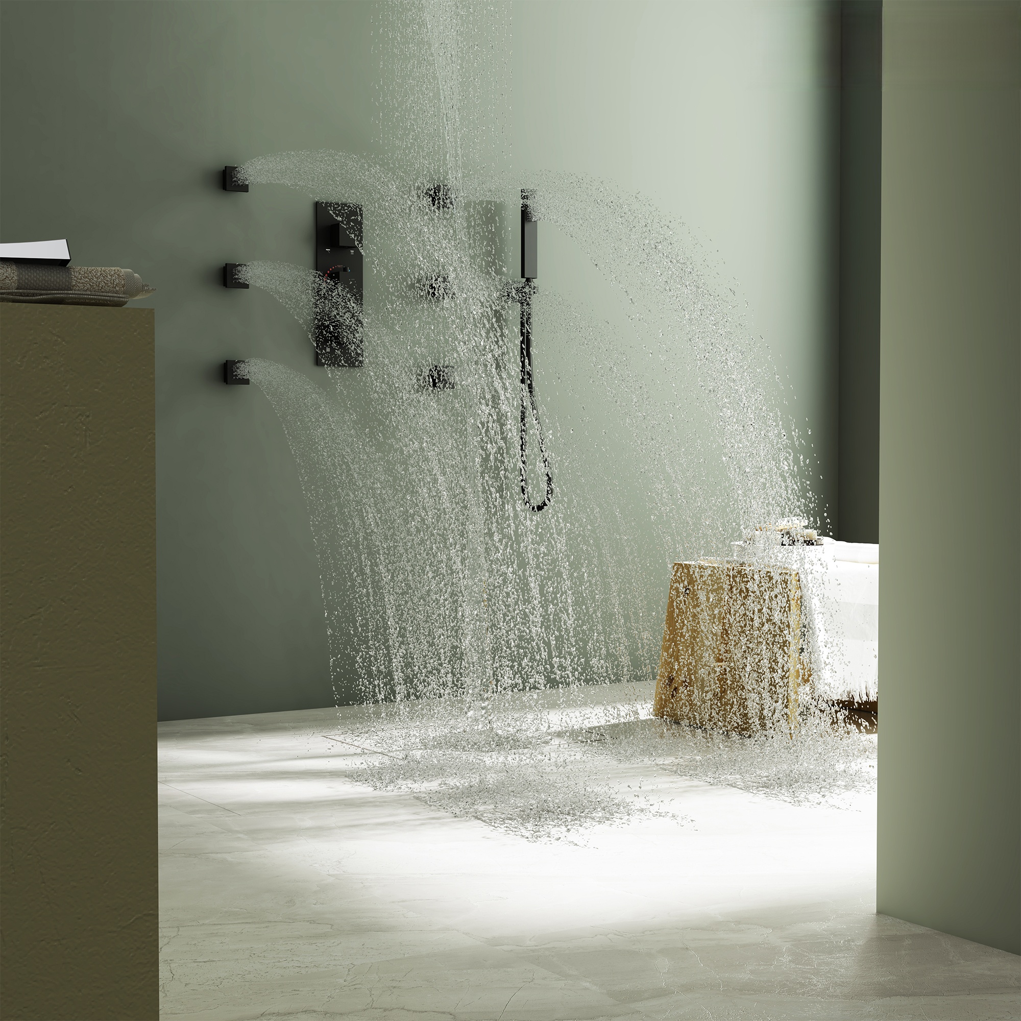 22in 4 Functions Thermostatic Rainfall Shower System with 6 Rotating Body Jets
