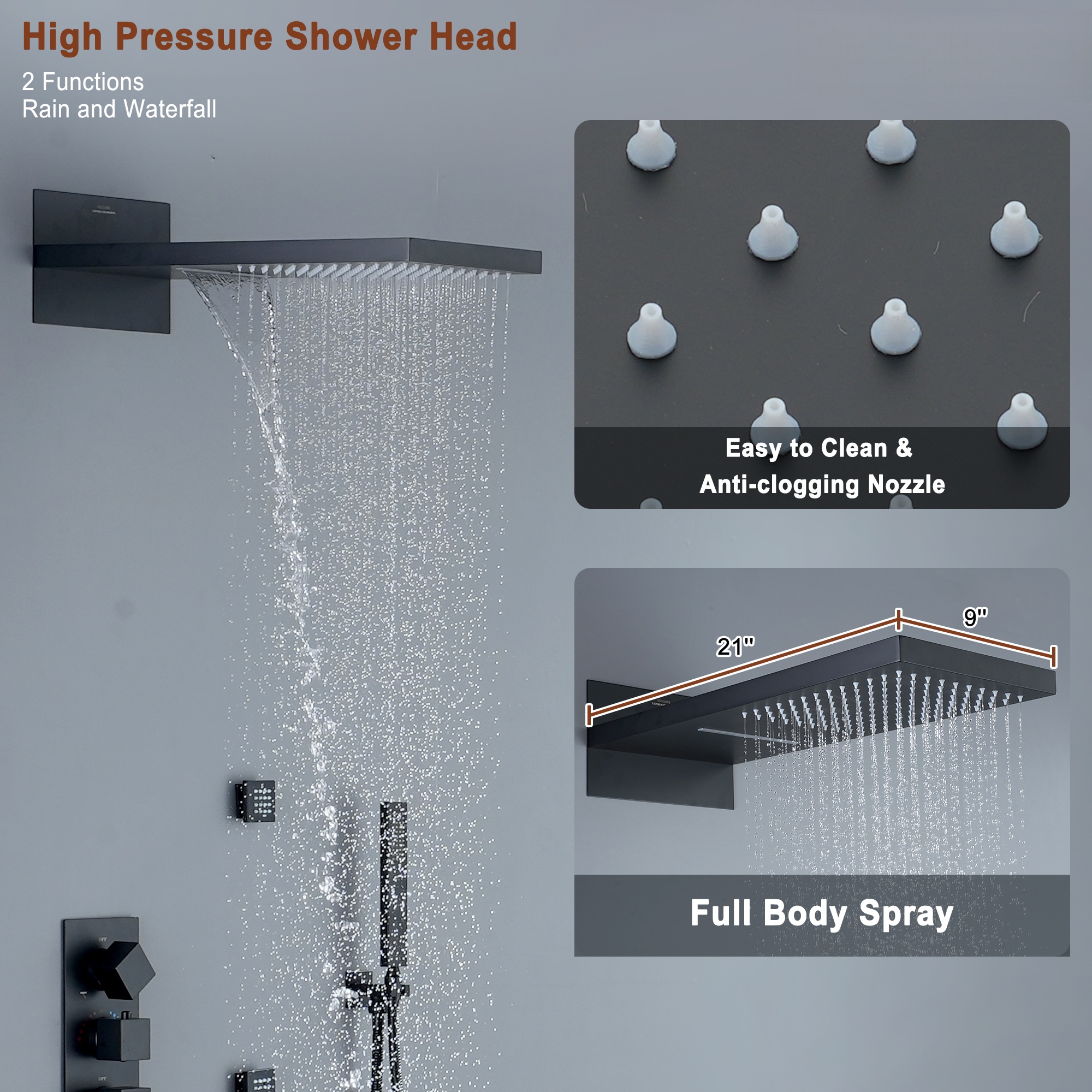22in 4 Functions Thermostatic Rainfall Shower System with 6 Rotating Body Jets