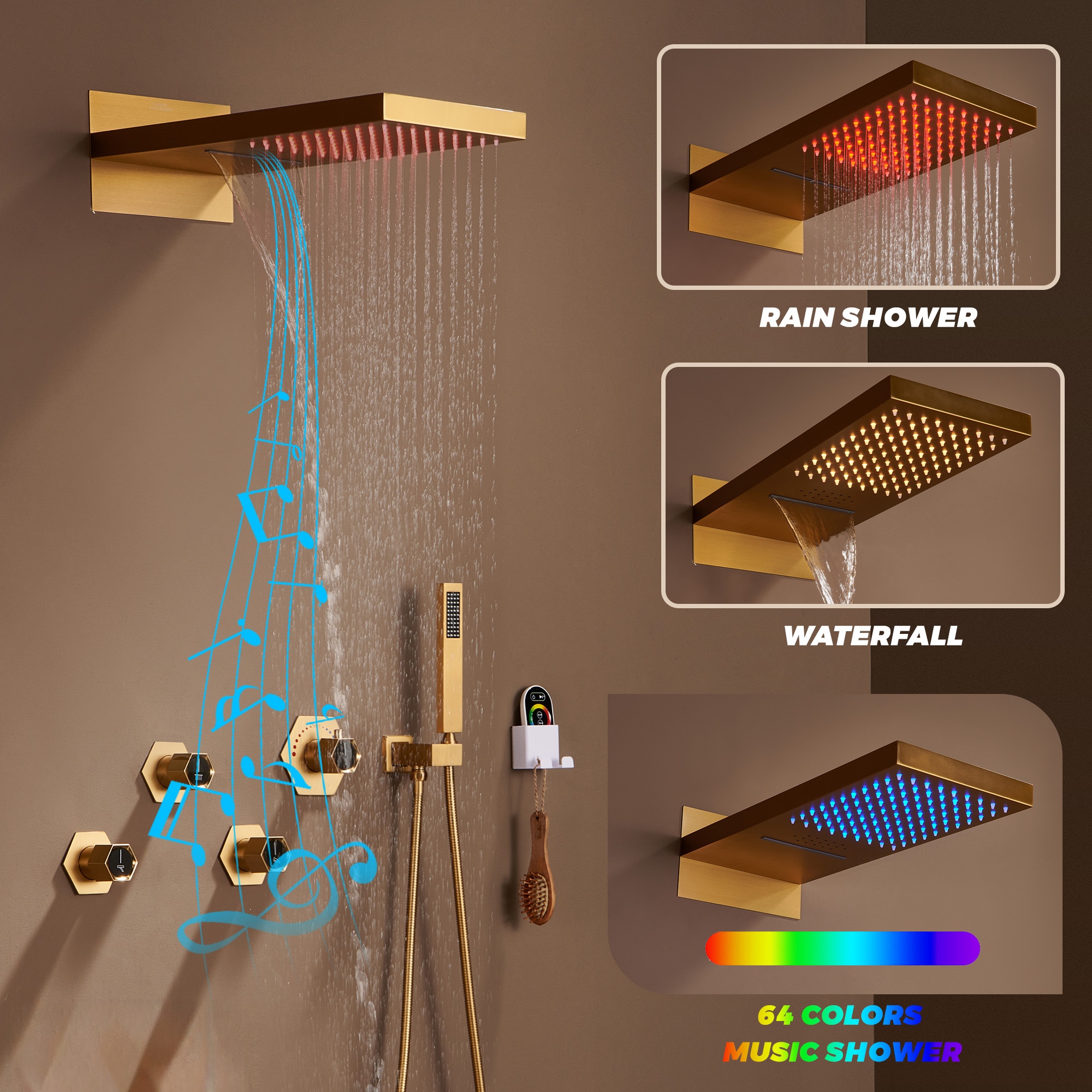3 Functions Wall-Mounted Luxury LED and Music Thermostatic Complete Shower System Rough-in Valve Included