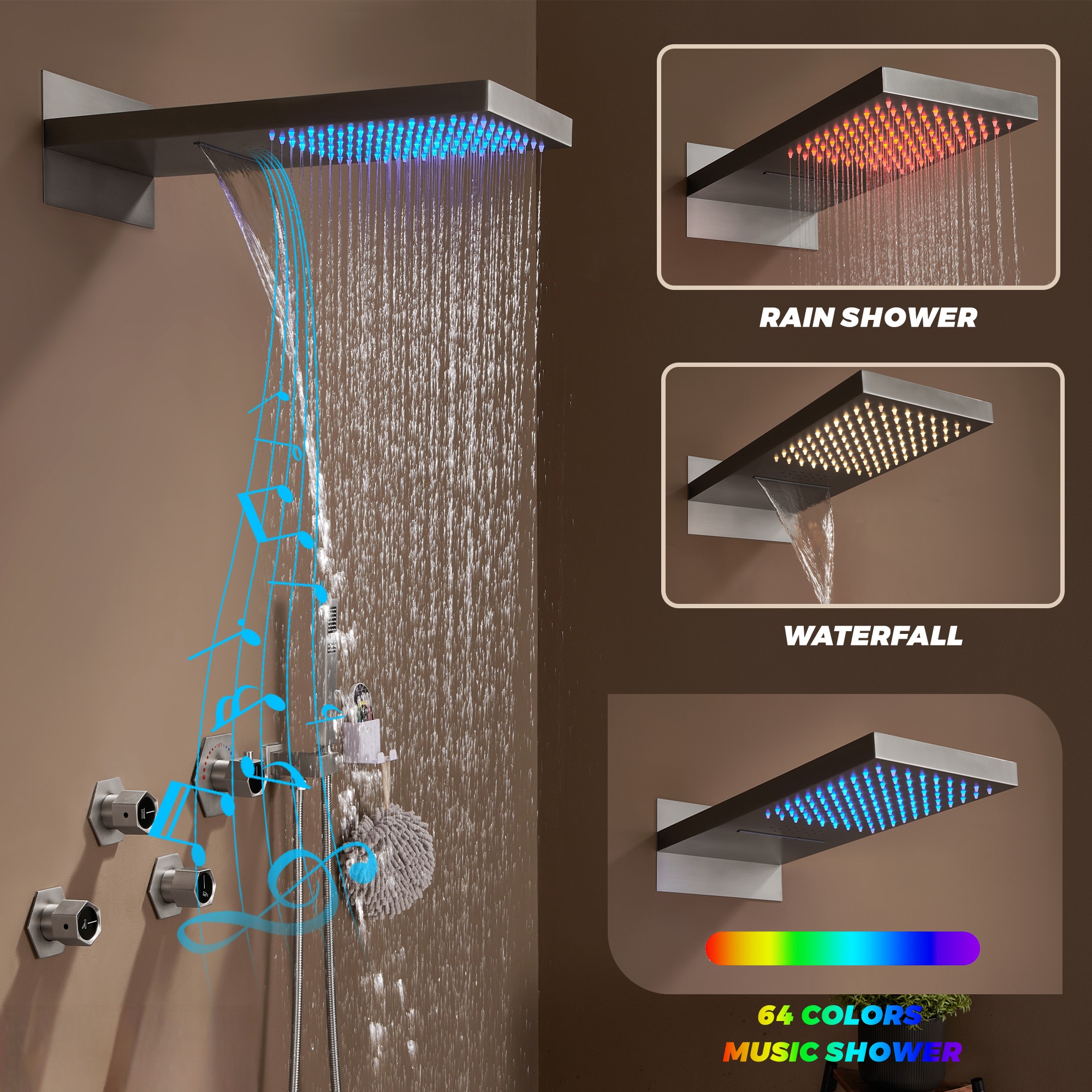 3 Functions Wall-Mounted Luxury LED and Music Thermostatic Complete Shower System Rough-in Valve Included