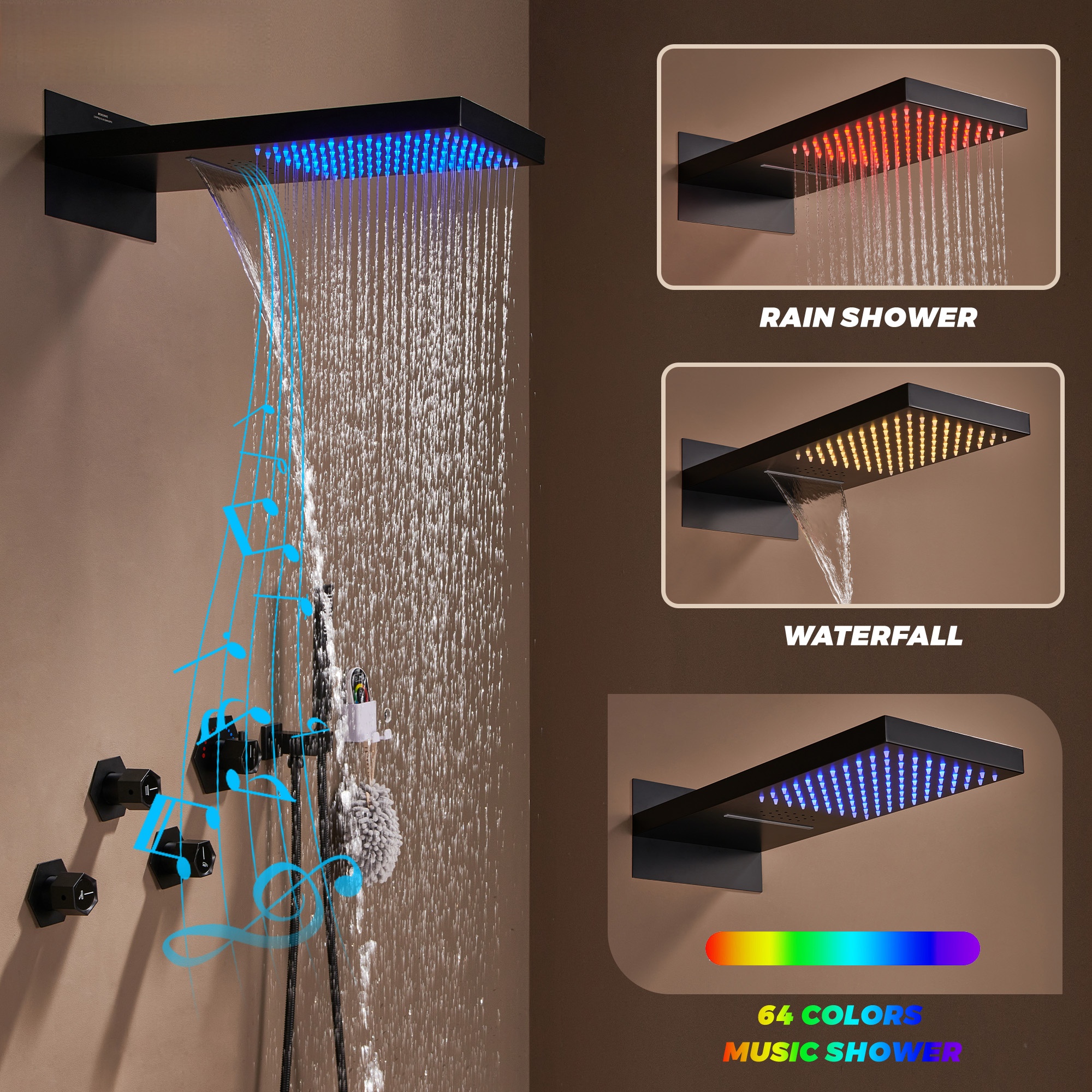 3 Functions Wall-Mounted Luxury LED and Music Thermostatic Complete Shower System Rough-in Valve Included