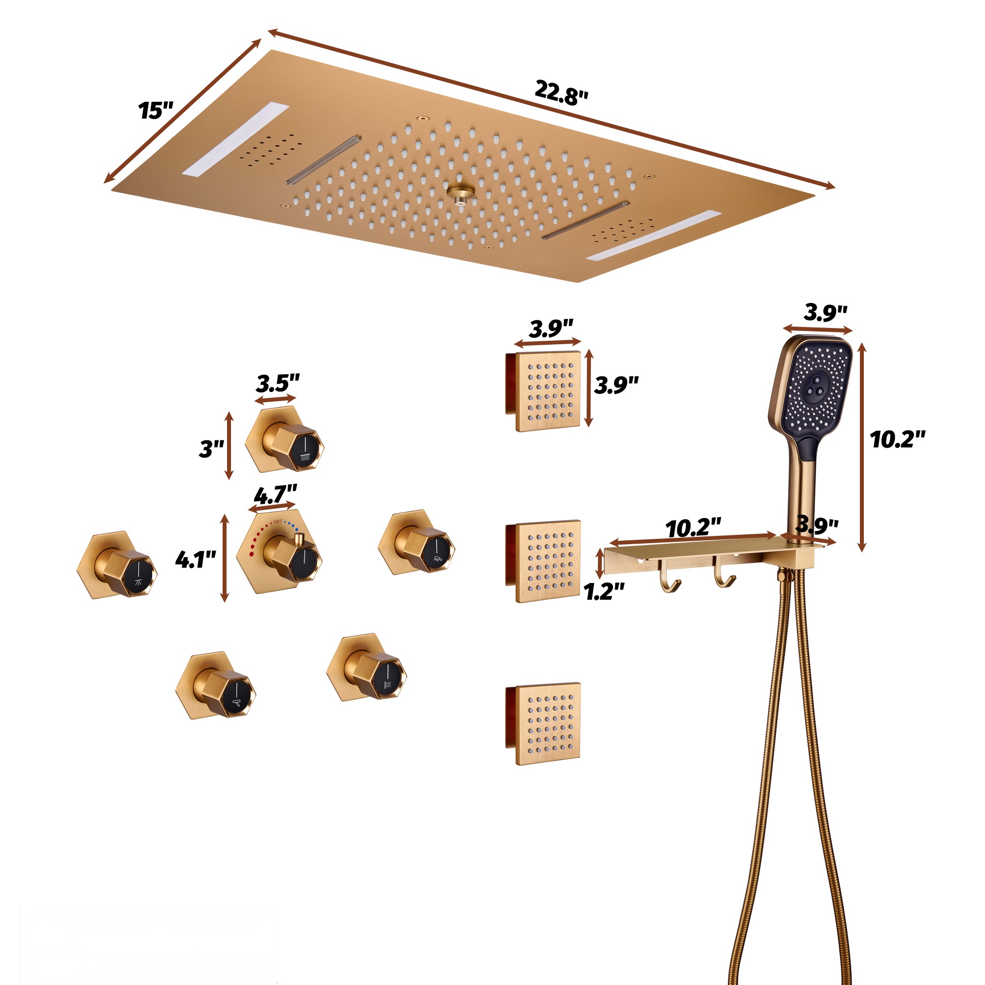 Flush-Mounted Thermostatic 3 Functions Luxury Complete Shower System with Body Jets and Shower Holder