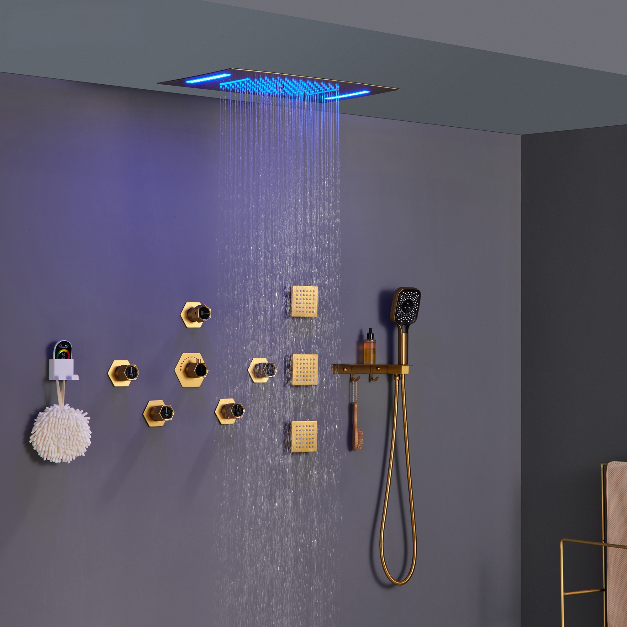 Flush-Mounted Thermostatic 3 Functions Luxury Complete Shower System with Body Jets and Shower Holder
