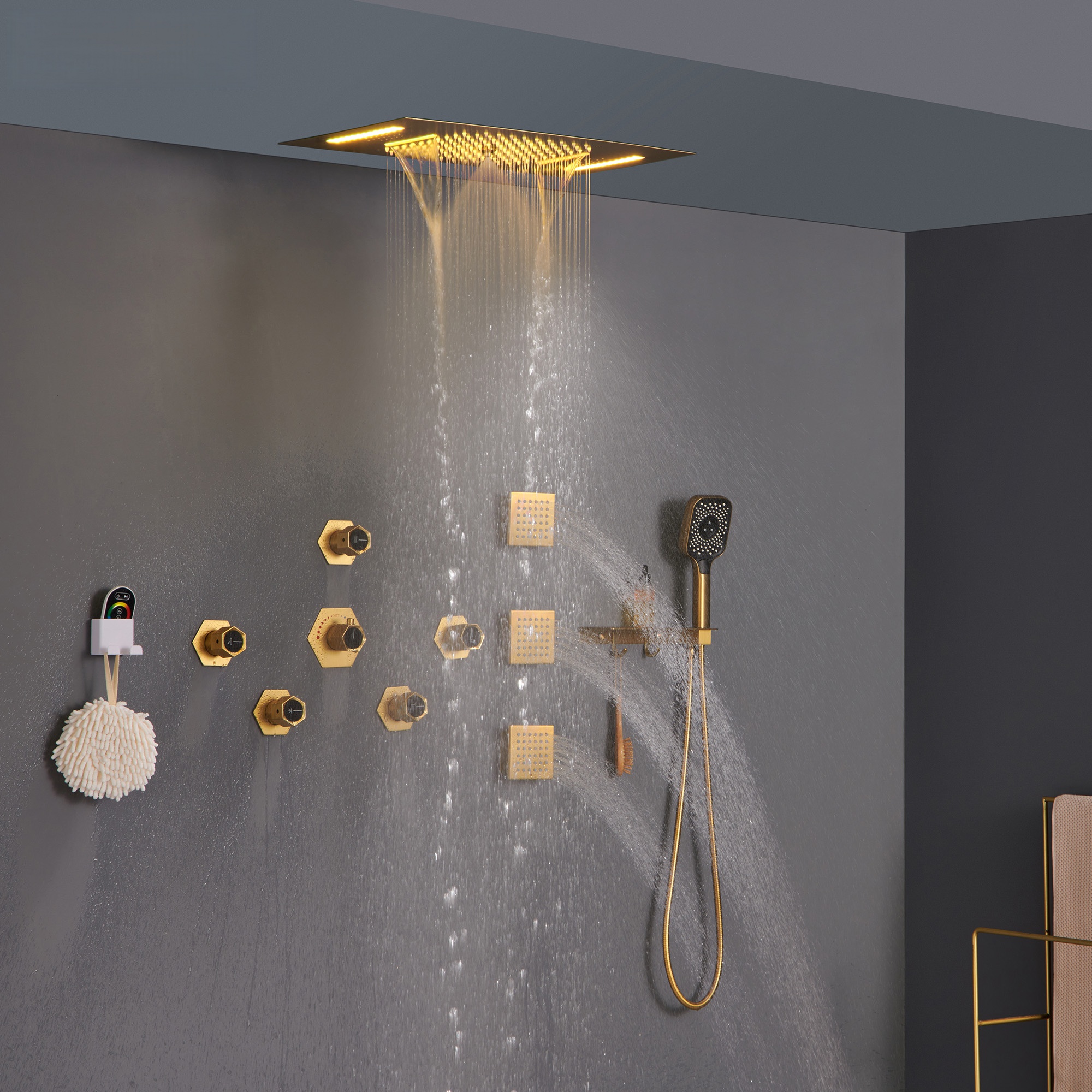 Flush-Mounted Thermostatic 3 Functions Luxury Complete Shower System with Body Jets and Shower Holder