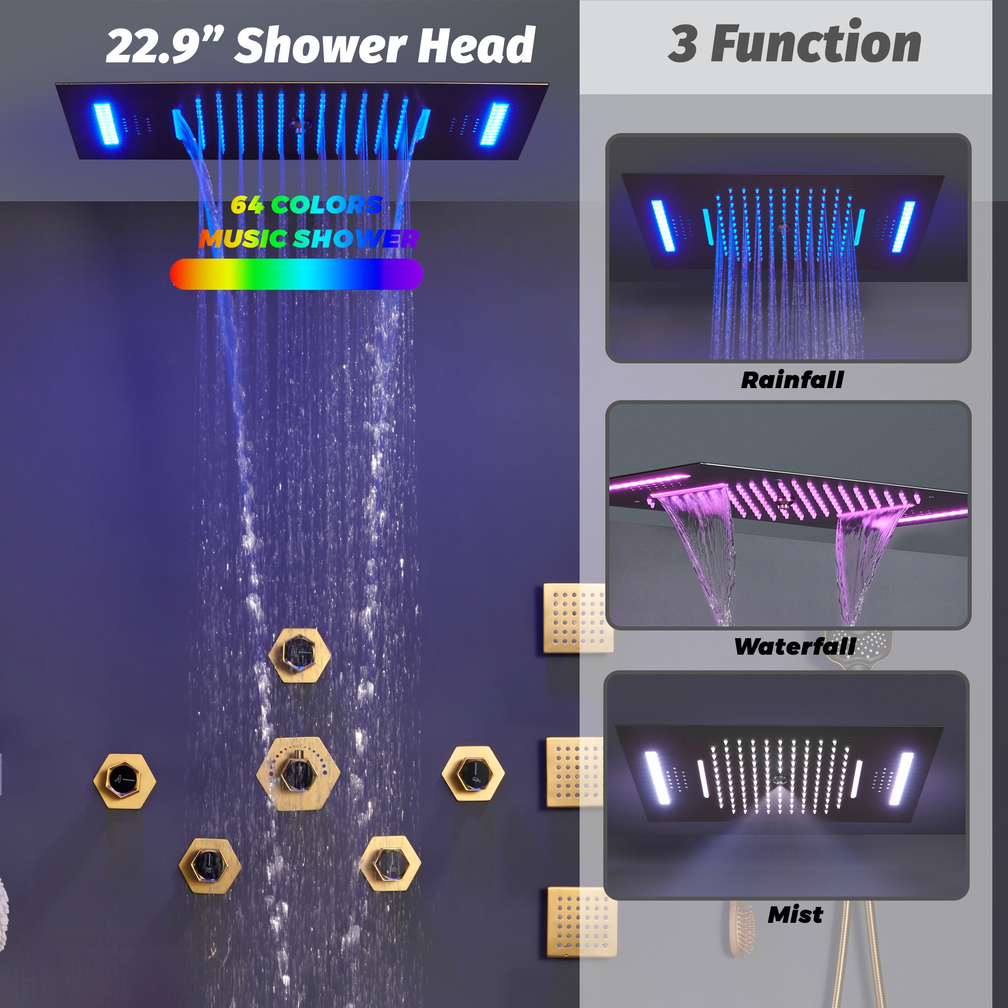 Flush-Mounted Thermostatic 3 Functions Luxury Complete Shower System with Body Jets and Shower Holder