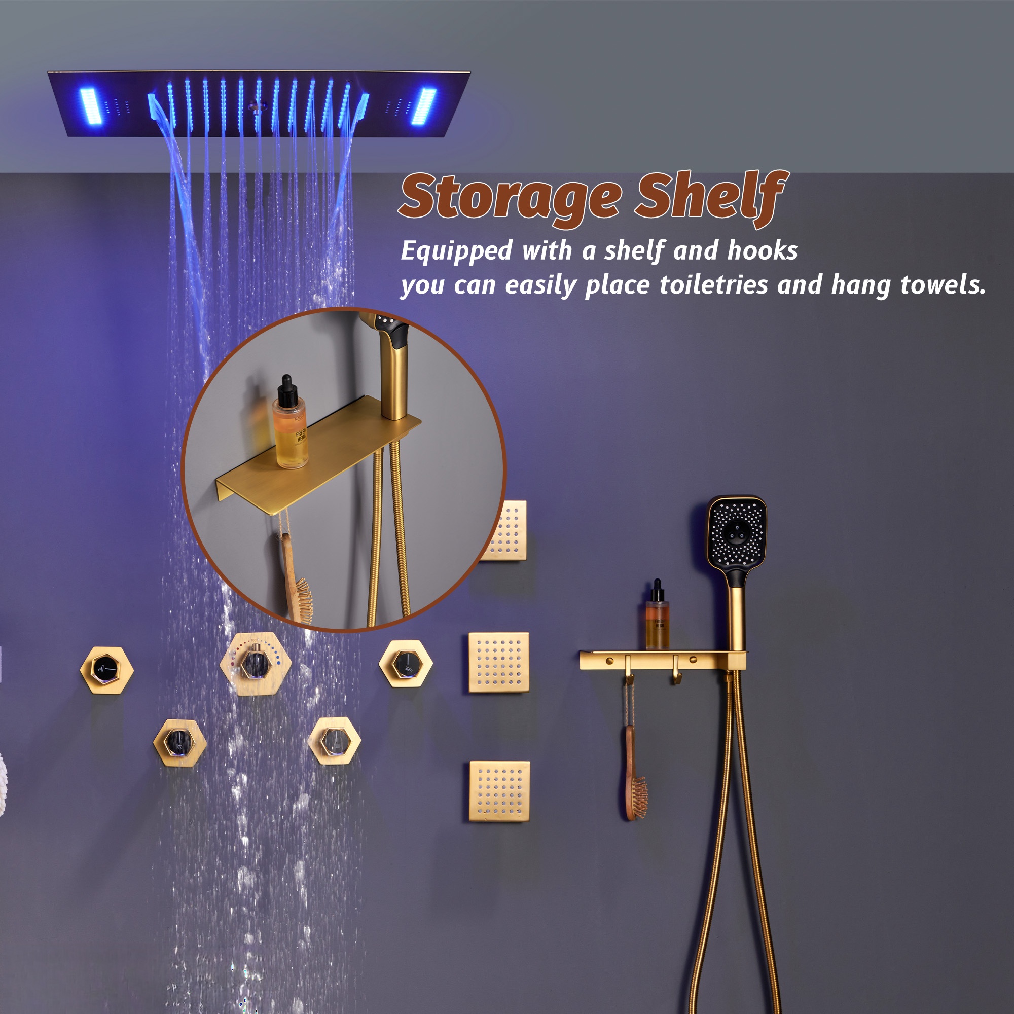 Flush-Mounted Thermostatic 3 Functions Luxury Complete Shower System with Body Jets and Shower Holder