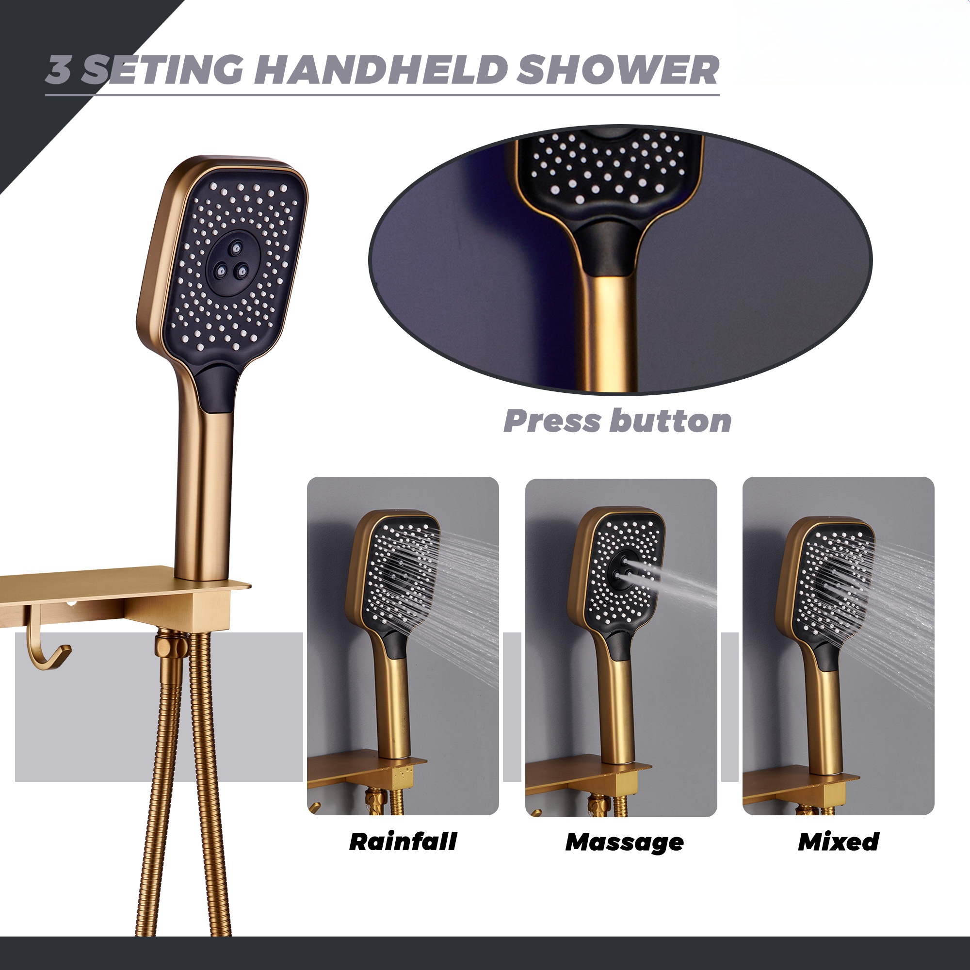 Flush-Mounted Thermostatic 3 Functions Luxury Complete Shower System with Body Jets and Shower Holder