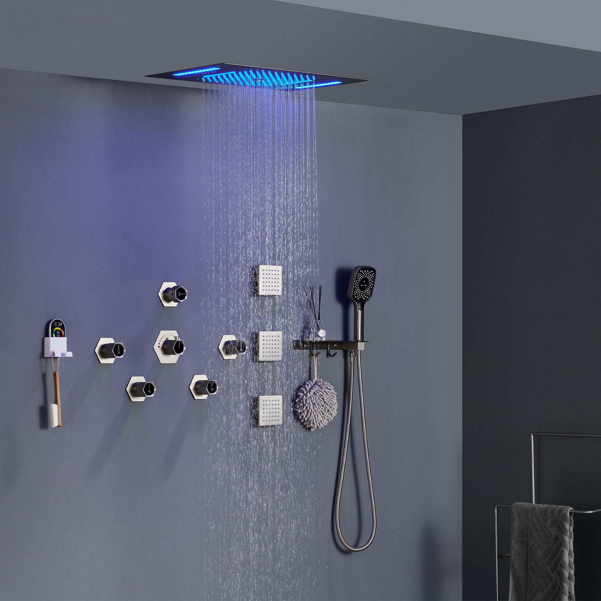 Flush-Mounted Thermostatic 3 Functions Luxury Complete Shower System with Body Jets and Shower Holder