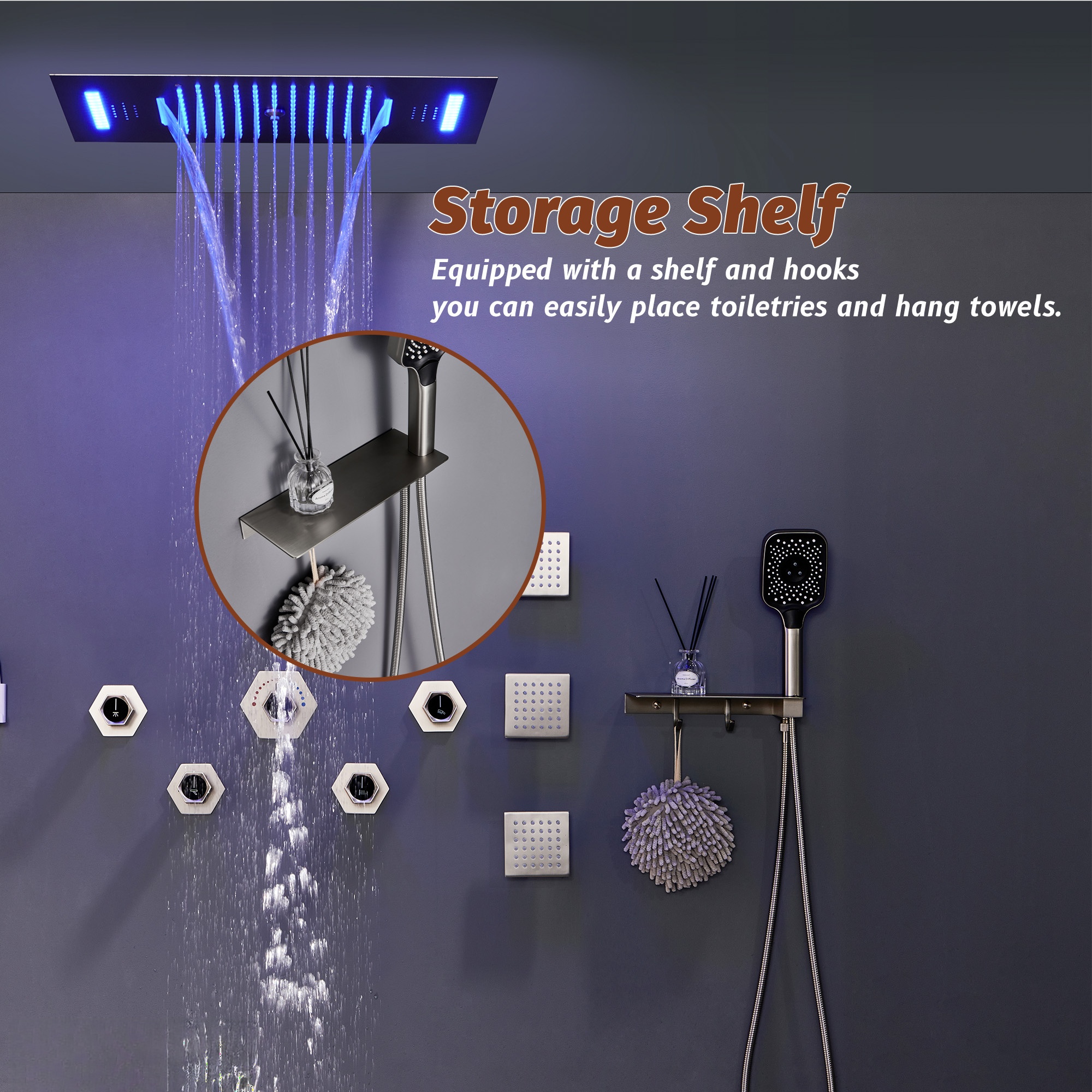Flush-Mounted Thermostatic 3 Functions Luxury Complete Shower System with Body Jets and Shower Holder