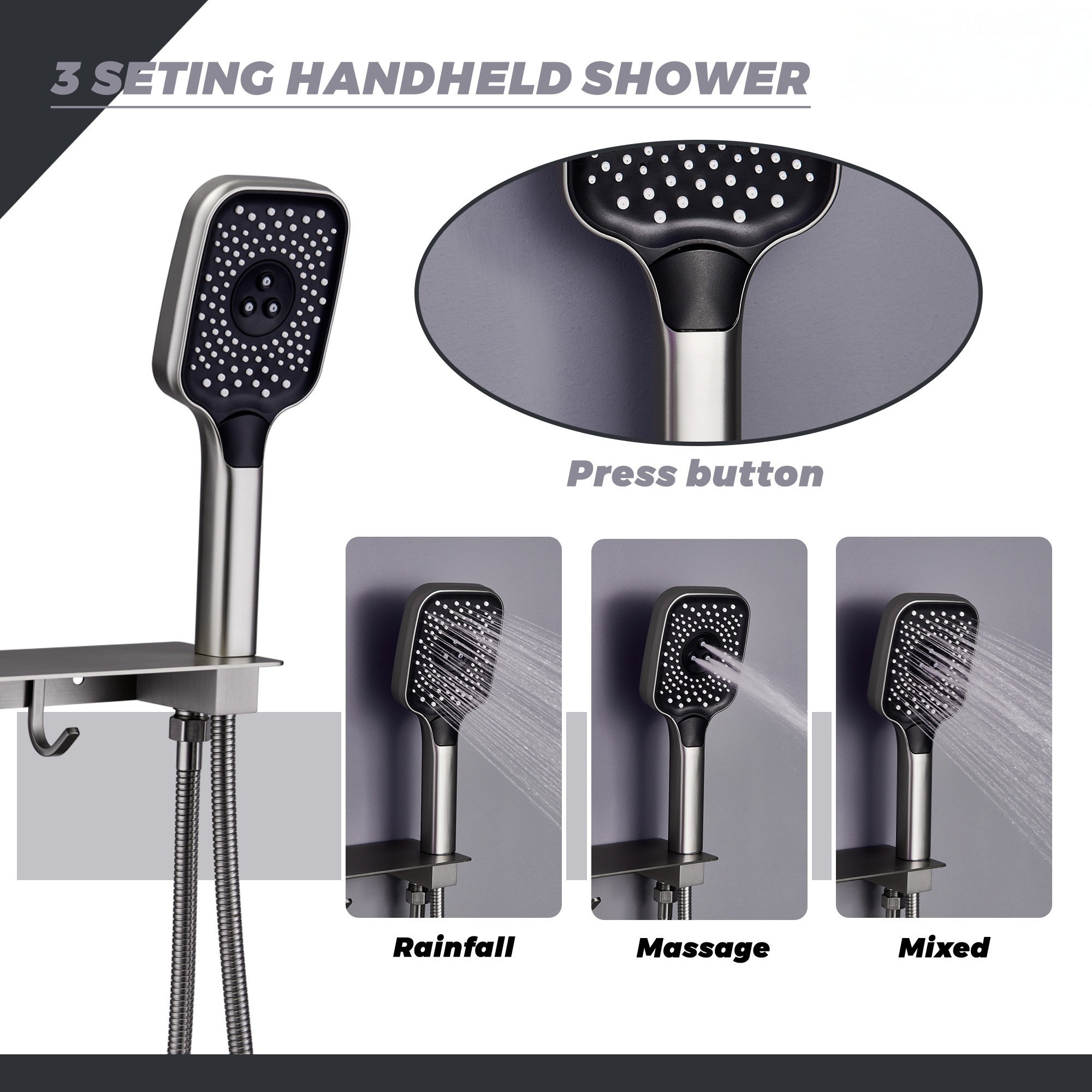 Flush-Mounted Thermostatic 3 Functions Luxury Complete Shower System with Body Jets and Shower Holder