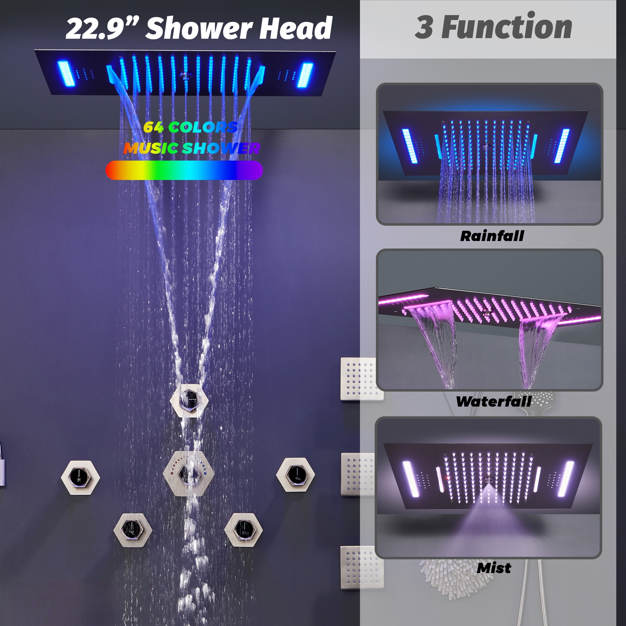 Flush-Mounted Thermostatic 3 Functions Luxury Complete Shower System with Body Jets and Shower Holder