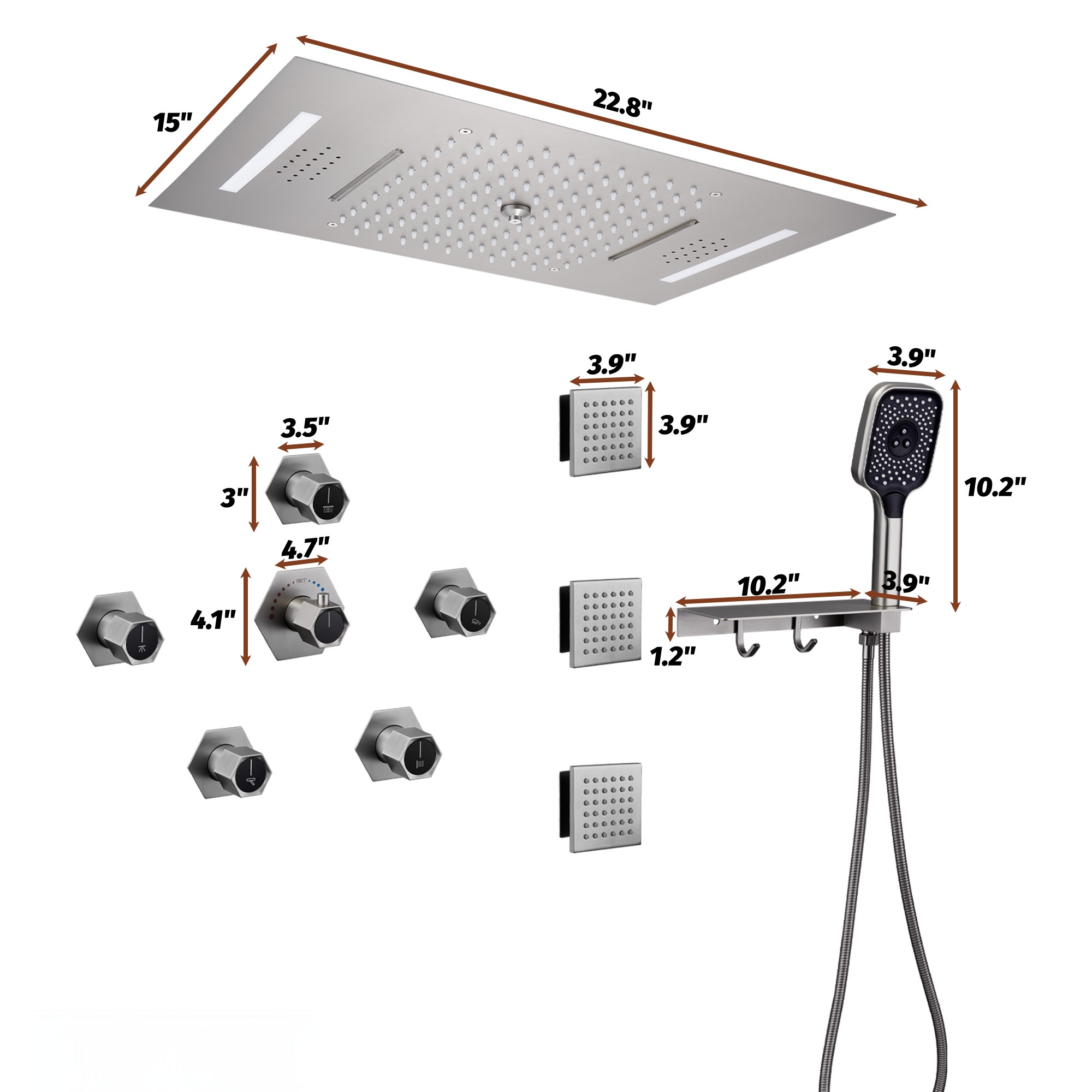Flush-Mounted Thermostatic 3 Functions Luxury Complete Shower System with Body Jets and Shower Holder