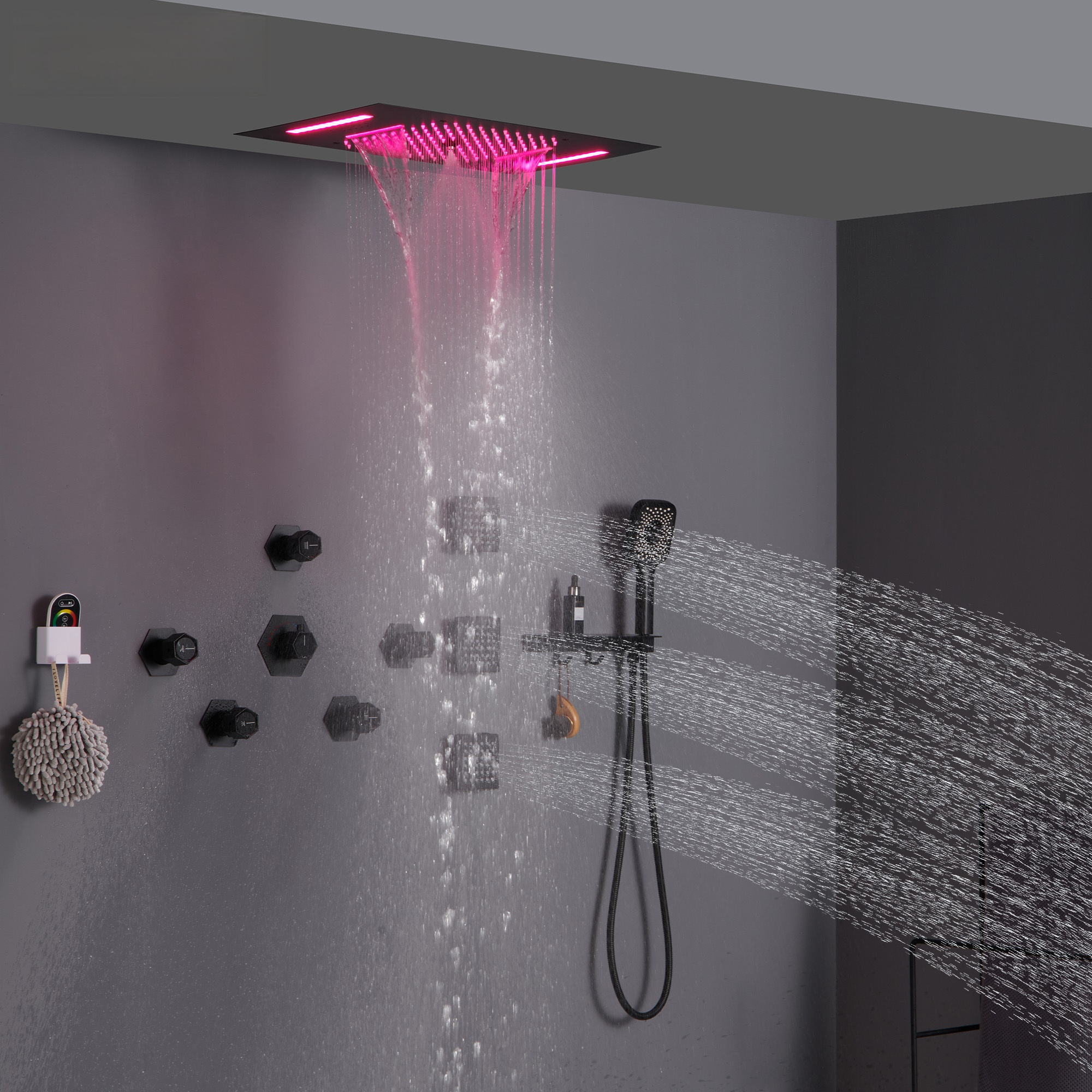 Flush-Mounted Thermostatic 3 Functions Luxury Complete Shower System with Body Jets and Shower Holder