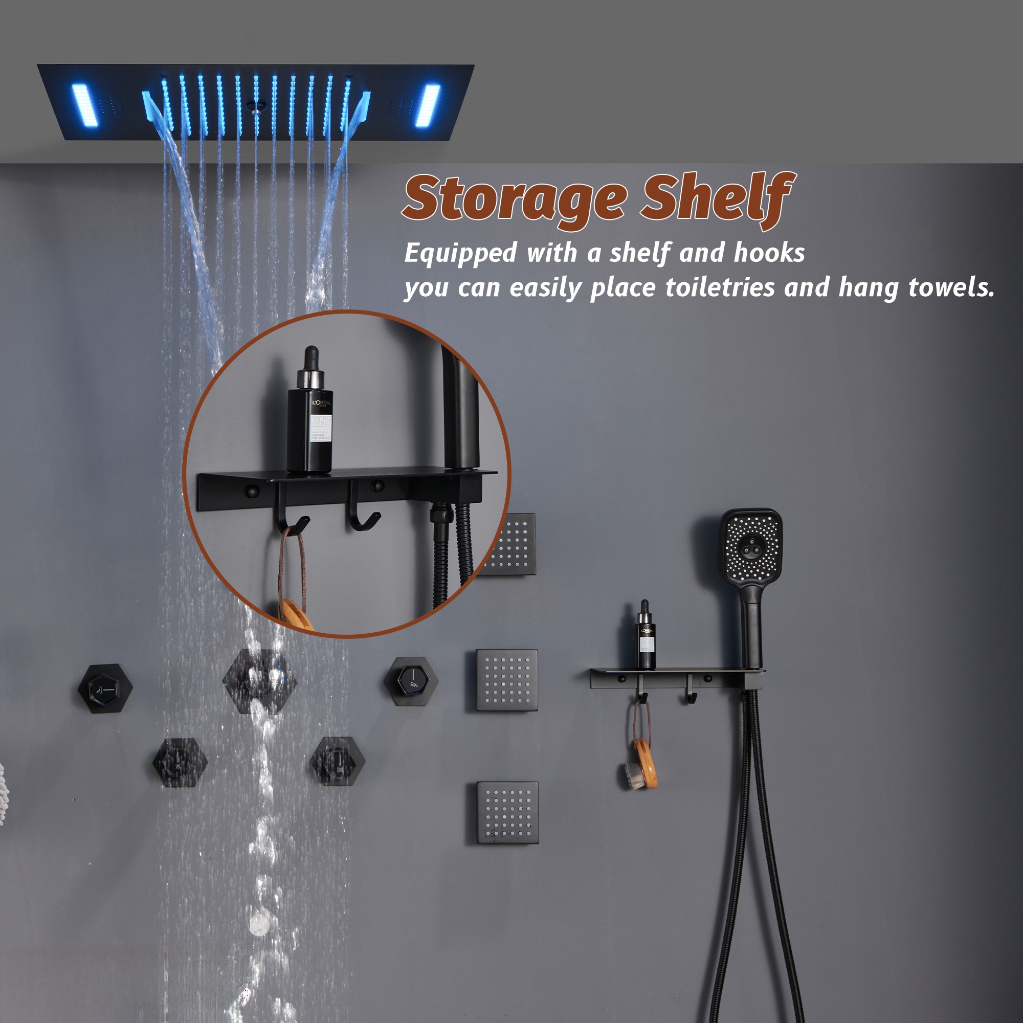 Flush-Mounted Thermostatic 3 Functions Luxury Complete Shower System with Body Jets and Shower Holder