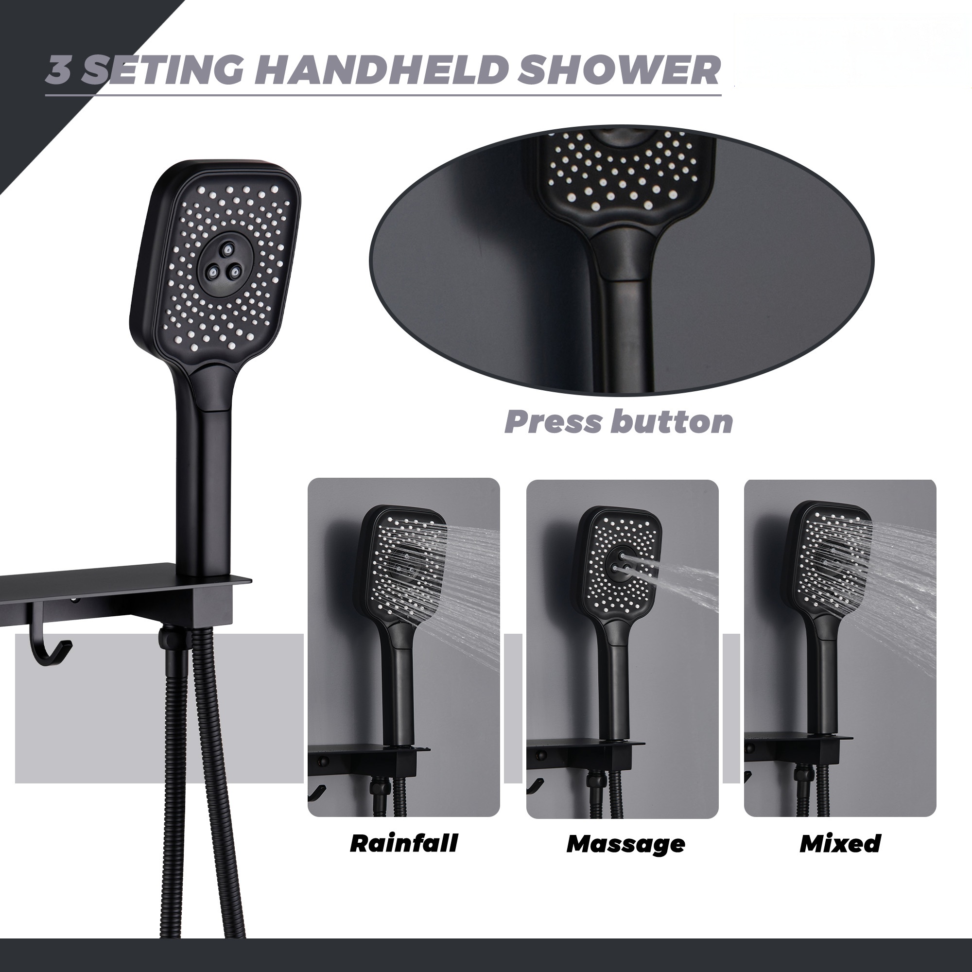 Flush-Mounted Thermostatic 3 Functions Luxury Complete Shower System with Body Jets and Shower Holder