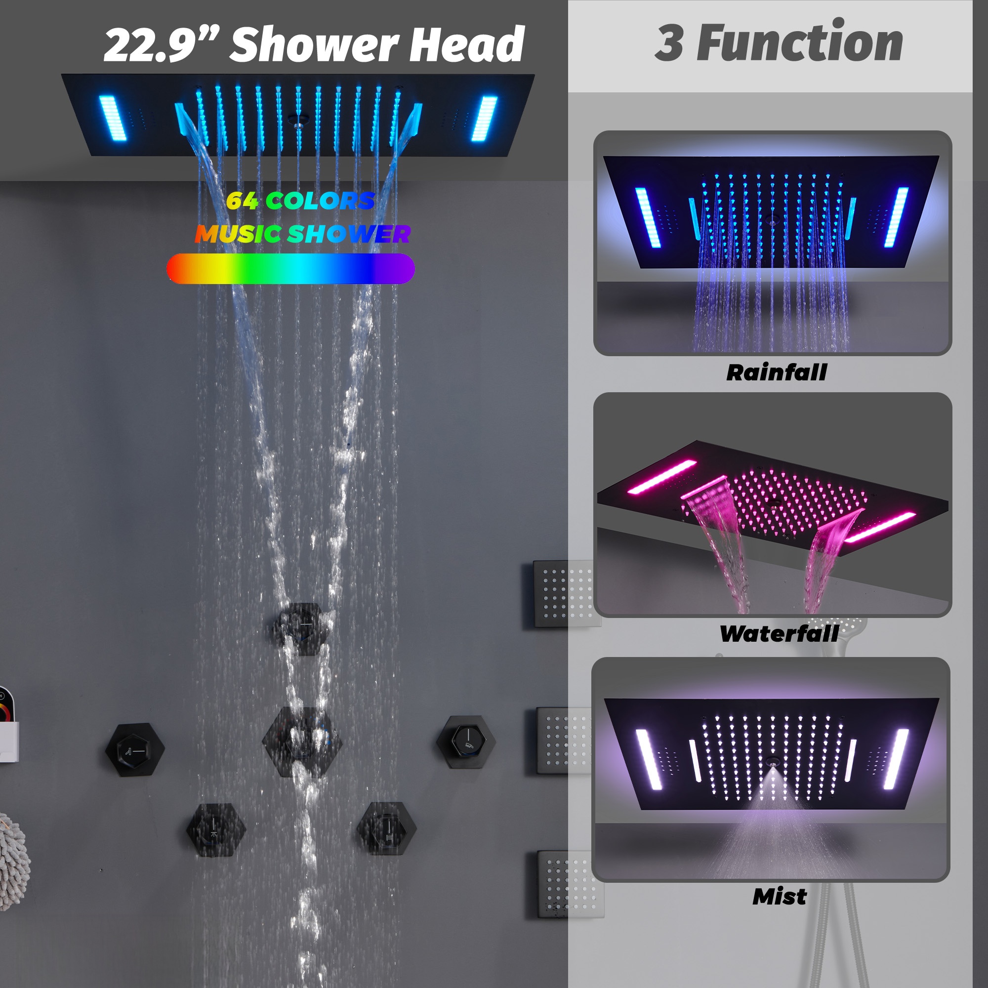 Flush-Mounted Thermostatic 3 Functions Luxury Complete Shower System with Body Jets and Shower Holder