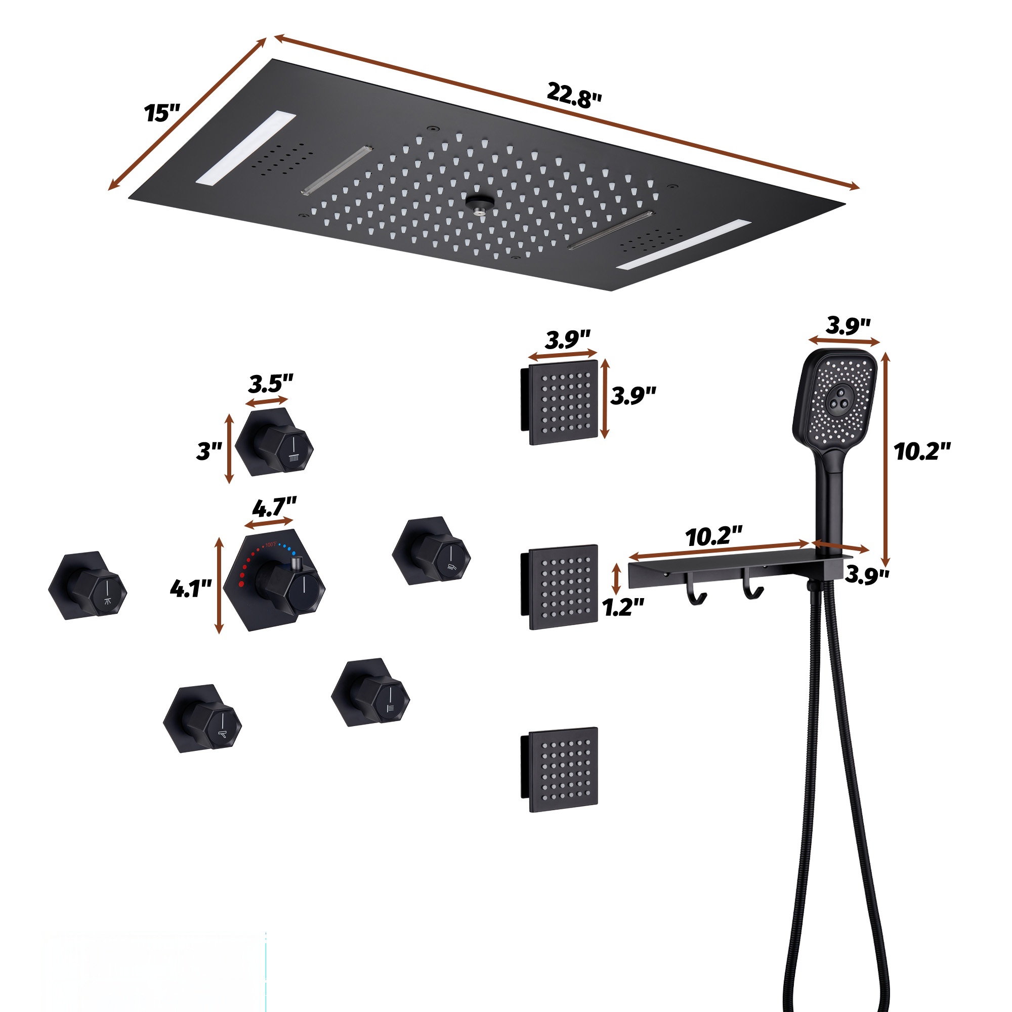 Flush-Mounted Thermostatic 3 Functions Luxury Complete Shower System with Body Jets and Shower Holder