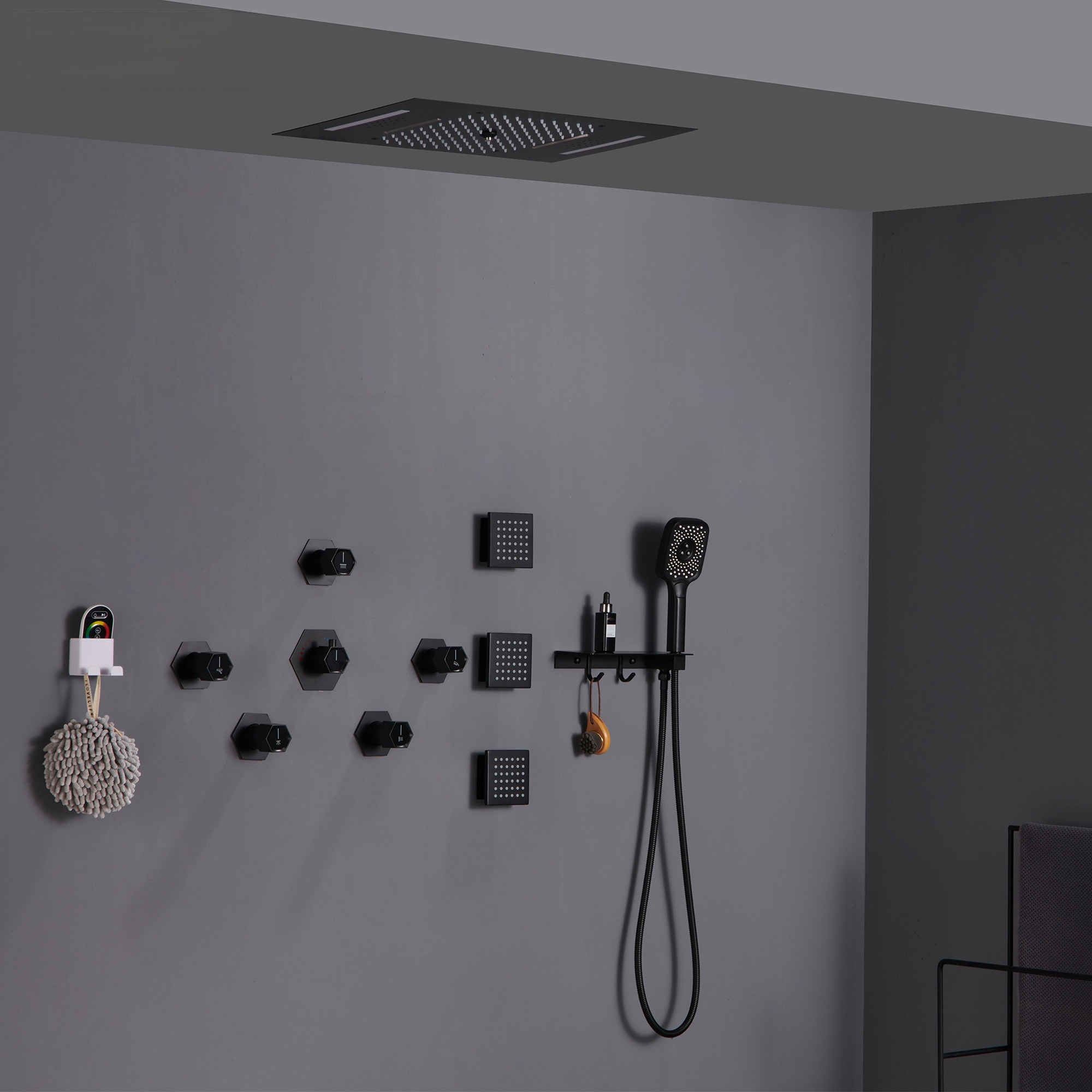 Flush-Mounted Thermostatic 3 Functions Luxury Complete Shower System with Body Jets and Shower Holder