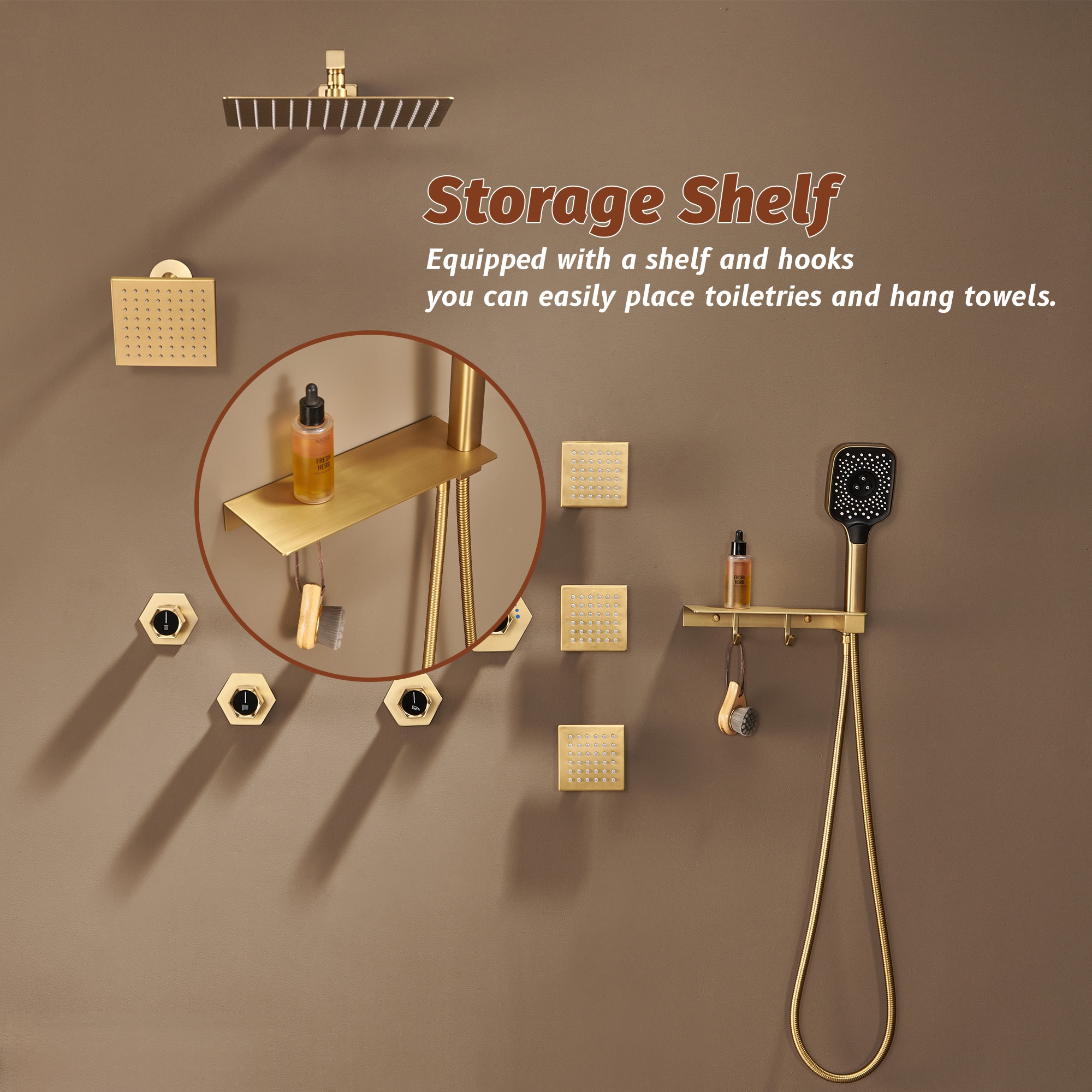 Thermostatic 4 Functions 12-inch Wall Mounted Rainfall Dual Shower Heads with Handheld and Body Jets (Rough-in Valve Included)