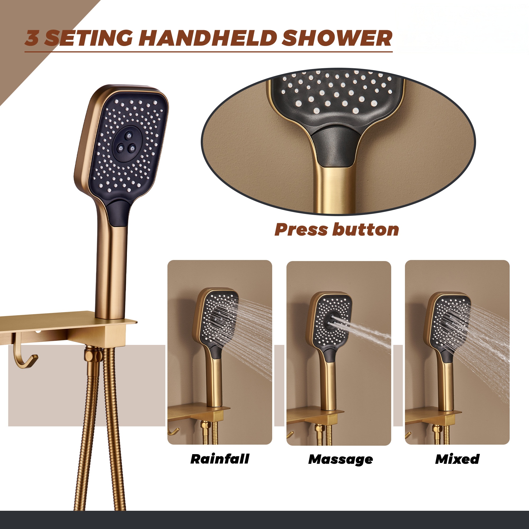 Thermostatic 4 Functions 12-inch Wall Mounted Rainfall Dual Shower Heads with Handheld and Body Jets (Rough-in Valve Included)